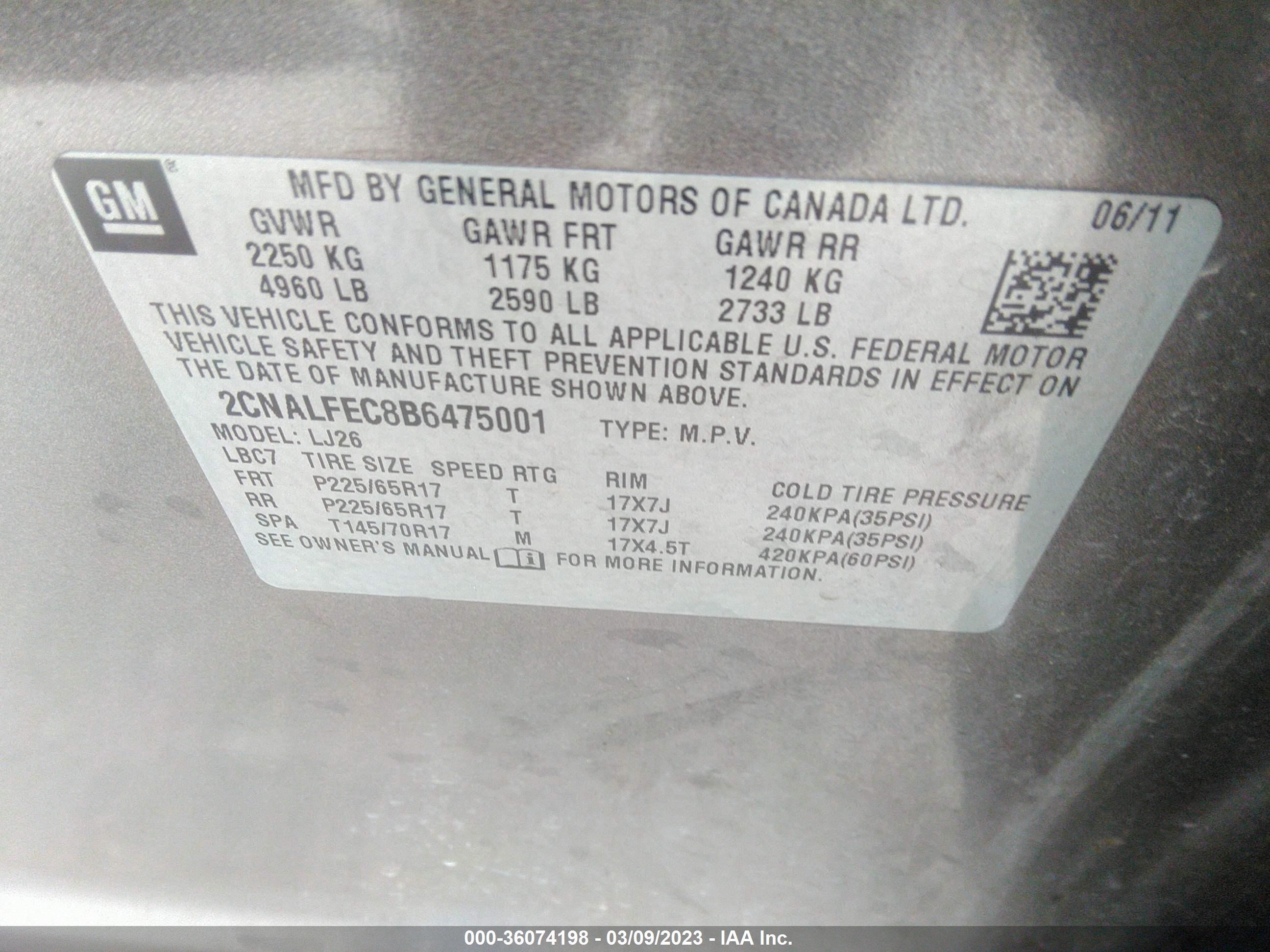 Photo 8 VIN: 2CNALFEC8B6475001 - CHEVROLET EQUINOX 