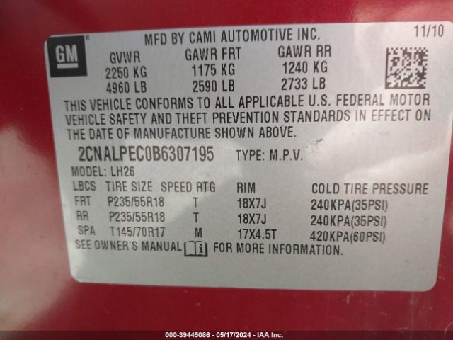 Photo 8 VIN: 2CNALPEC0B6307195 - CHEVROLET EQUINOX 