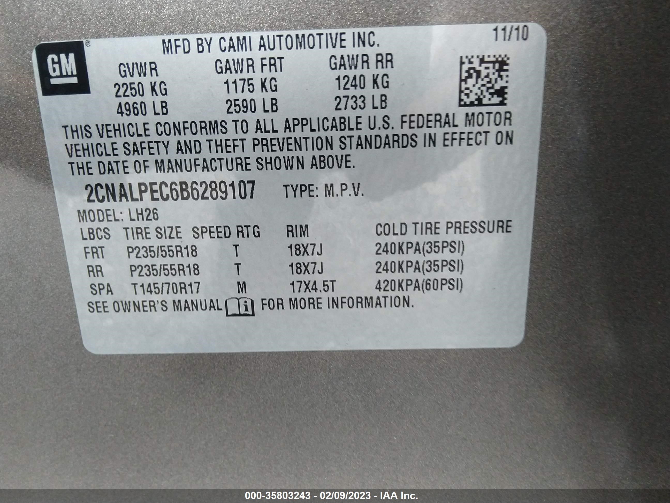 Photo 8 VIN: 2CNALPEC6B6289107 - CHEVROLET EQUINOX 