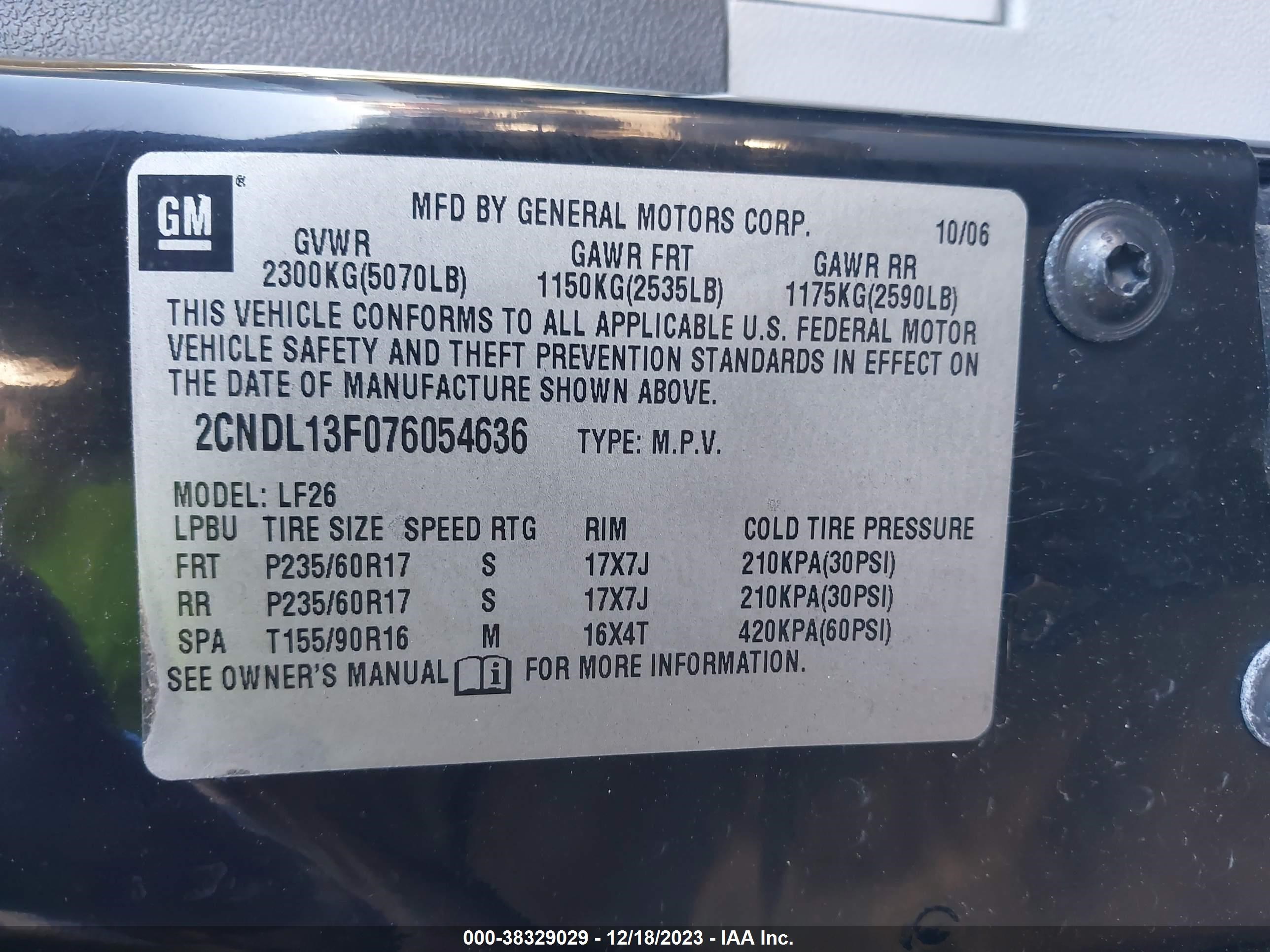 Photo 8 VIN: 2CNDL13F076054636 - CHEVROLET EQUINOX 