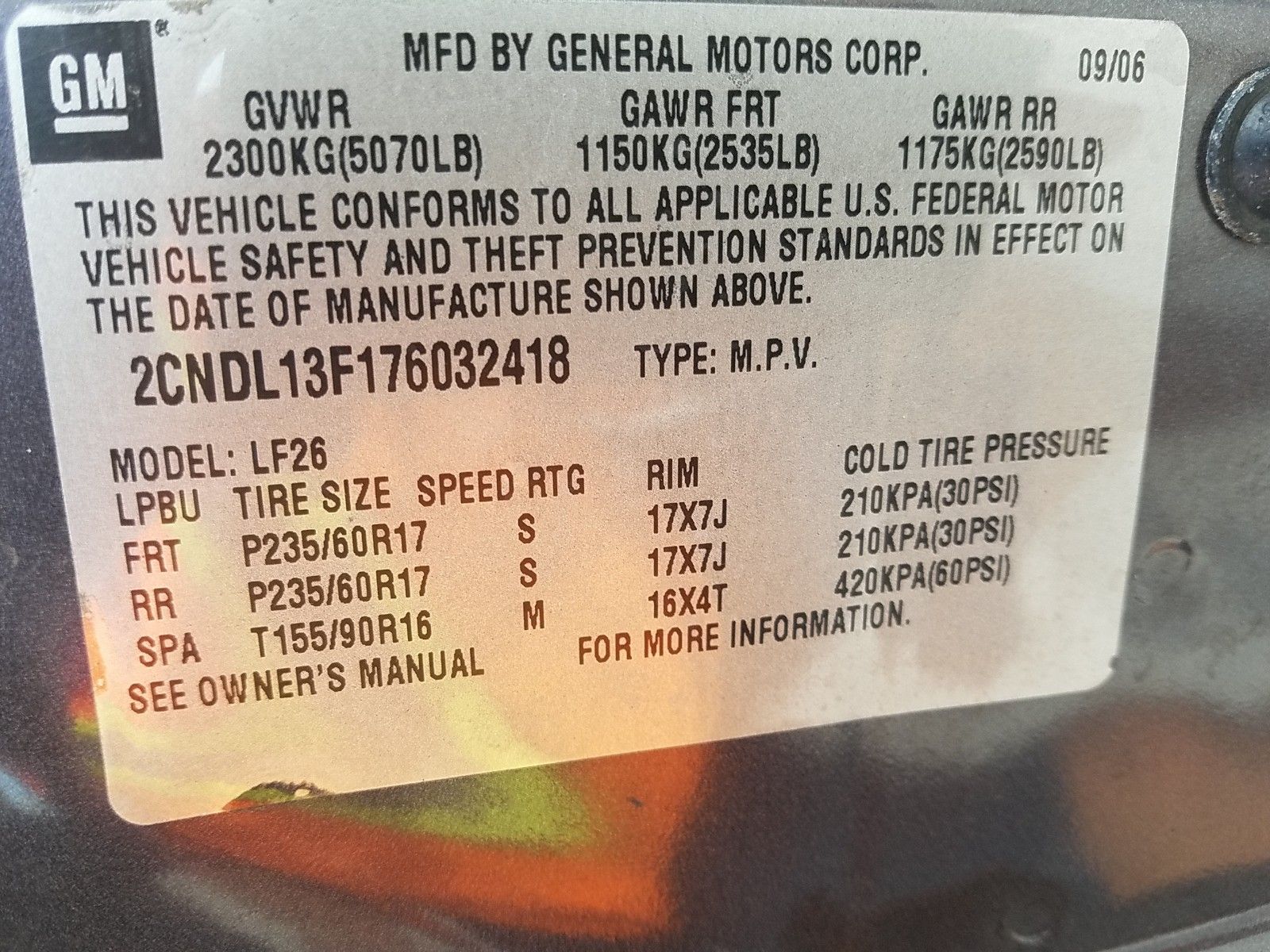 Photo 5 VIN: 2CNDL13F176032418 - CHEVROLET EQUINOX FWD 