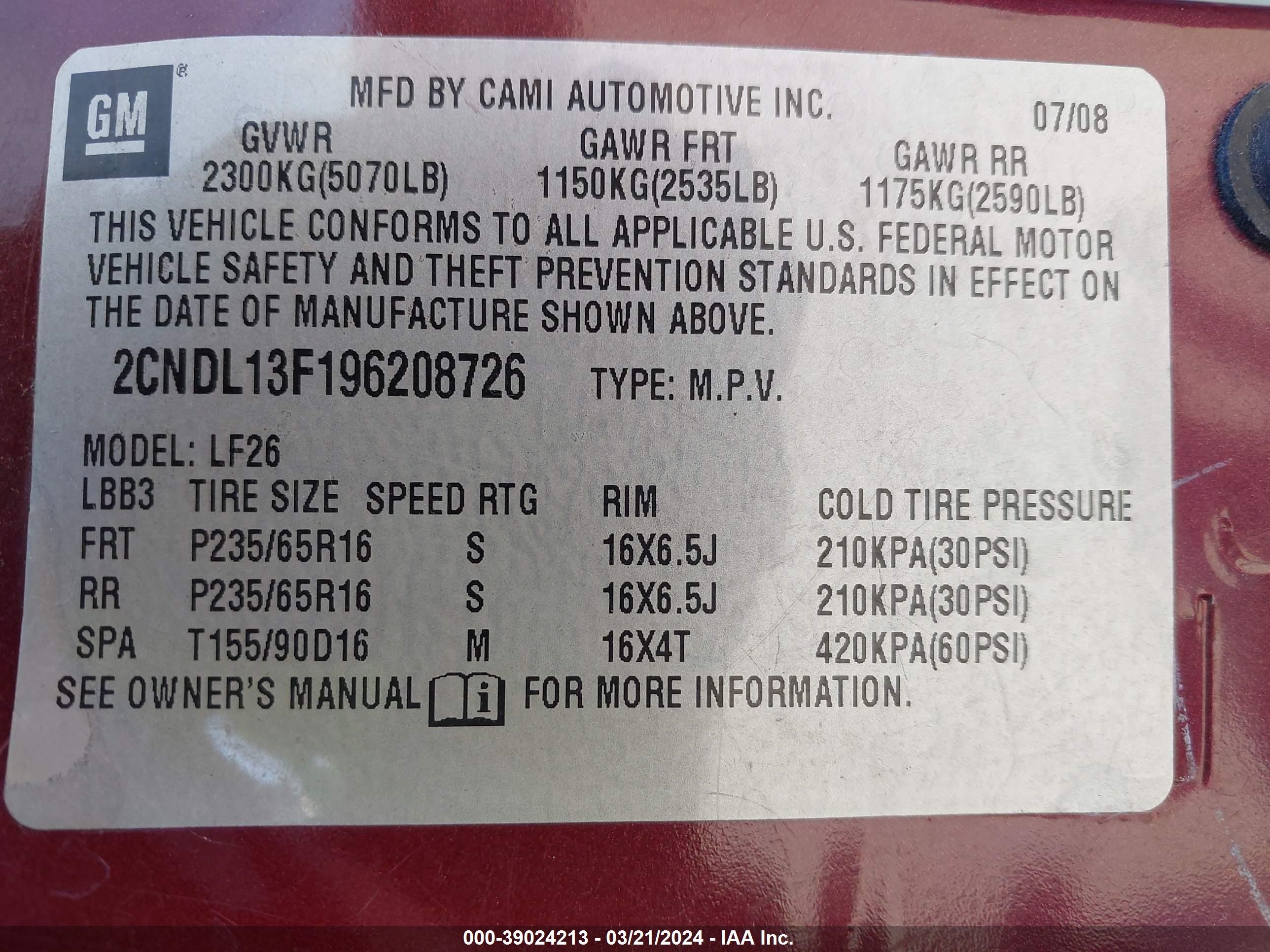 Photo 8 VIN: 2CNDL13F196208726 - CHEVROLET EQUINOX 