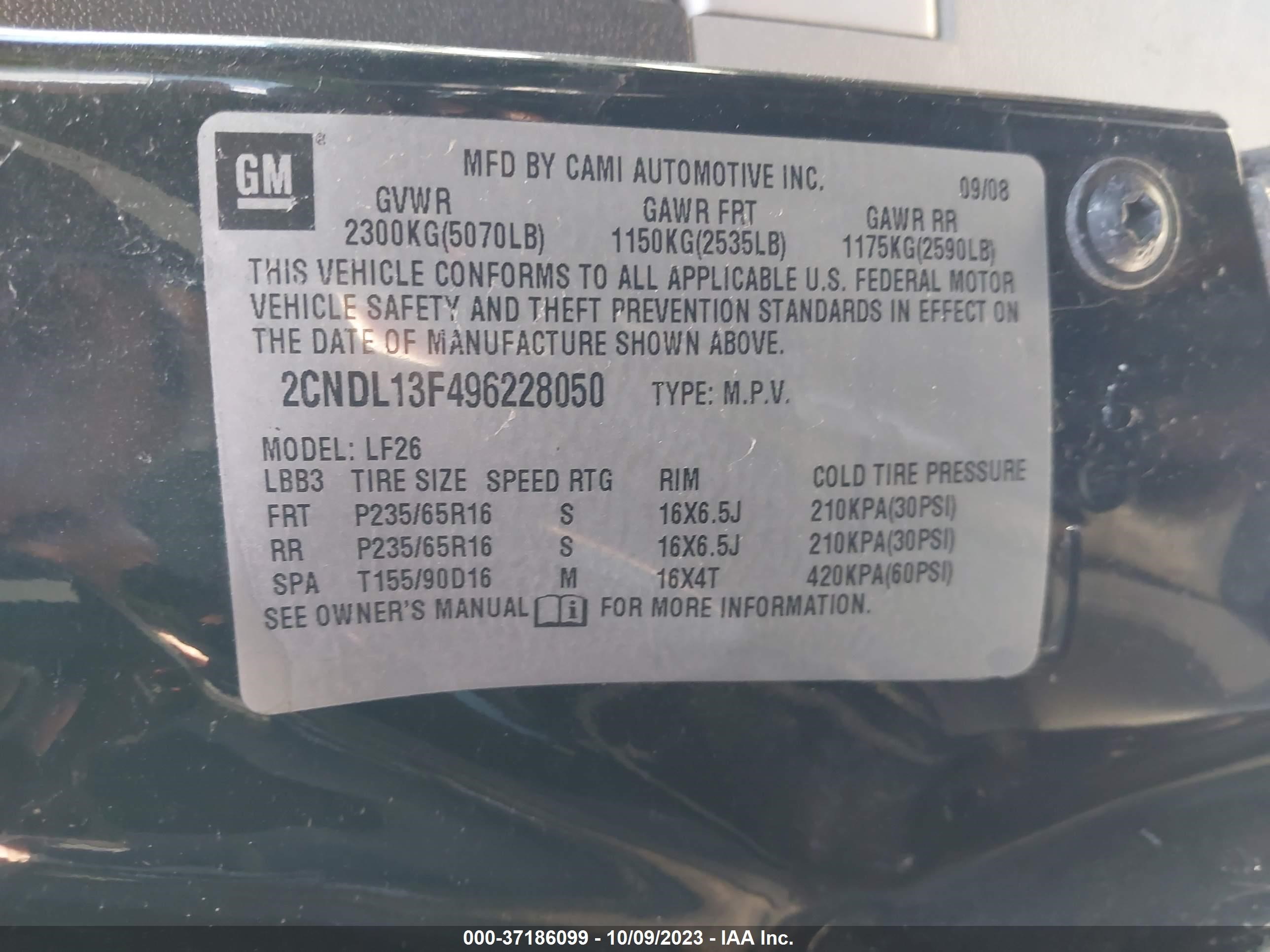 Photo 8 VIN: 2CNDL13F496228050 - CHEVROLET EQUINOX 