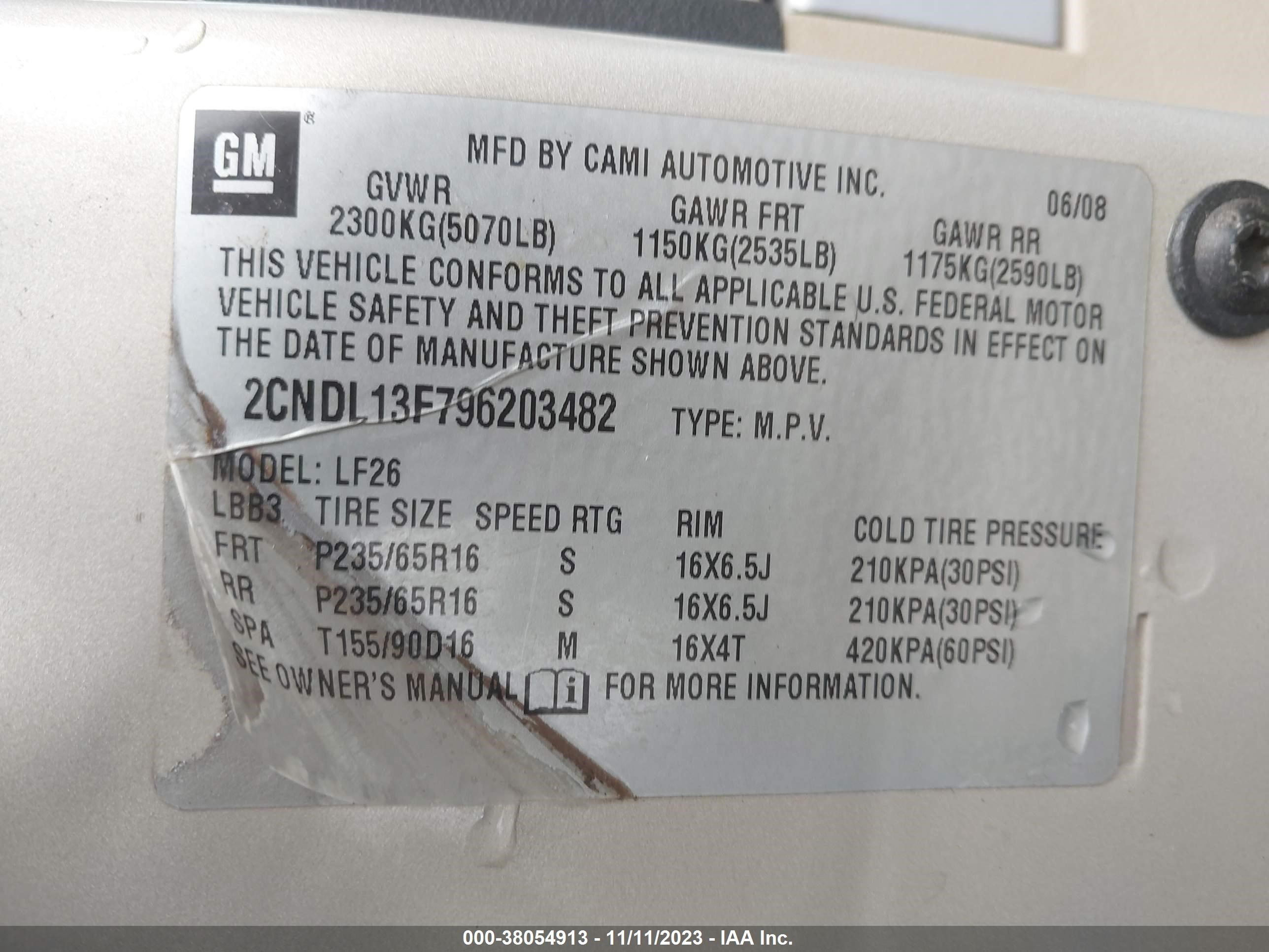 Photo 8 VIN: 2CNDL13F796203482 - CHEVROLET EQUINOX 