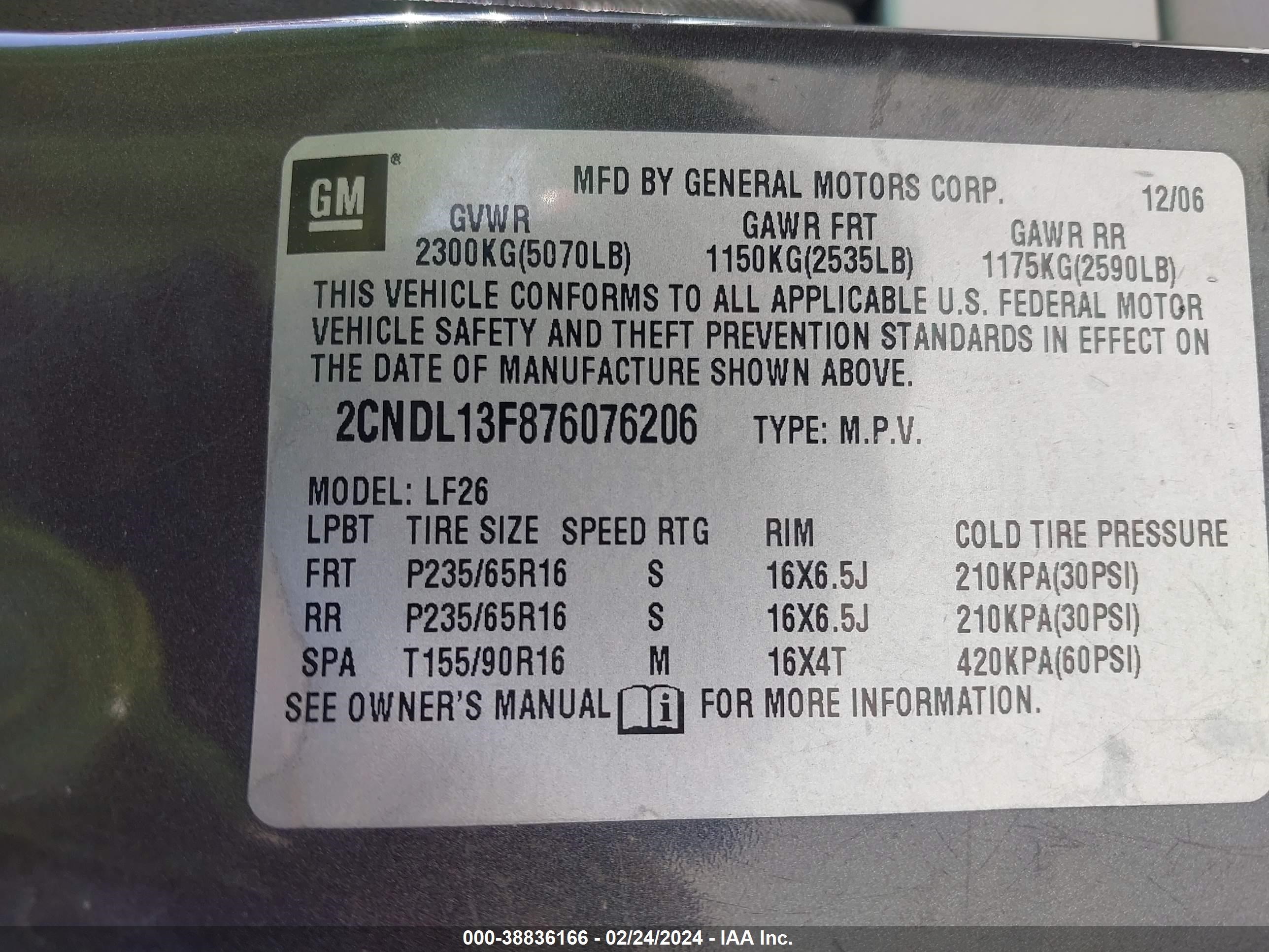 Photo 8 VIN: 2CNDL13F876076206 - CHEVROLET EQUINOX 