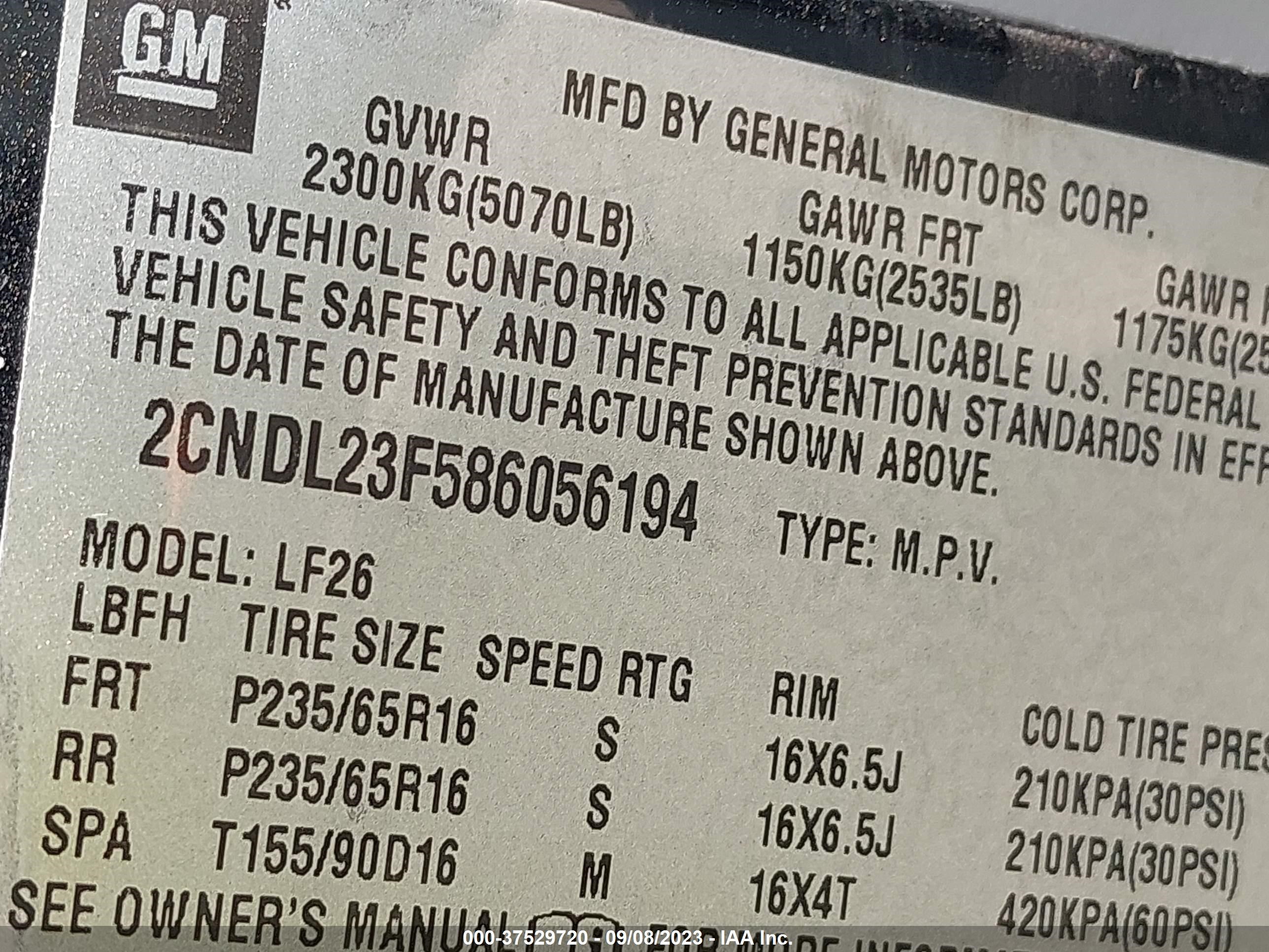 Photo 8 VIN: 2CNDL23F586056194 - CHEVROLET EQUINOX 