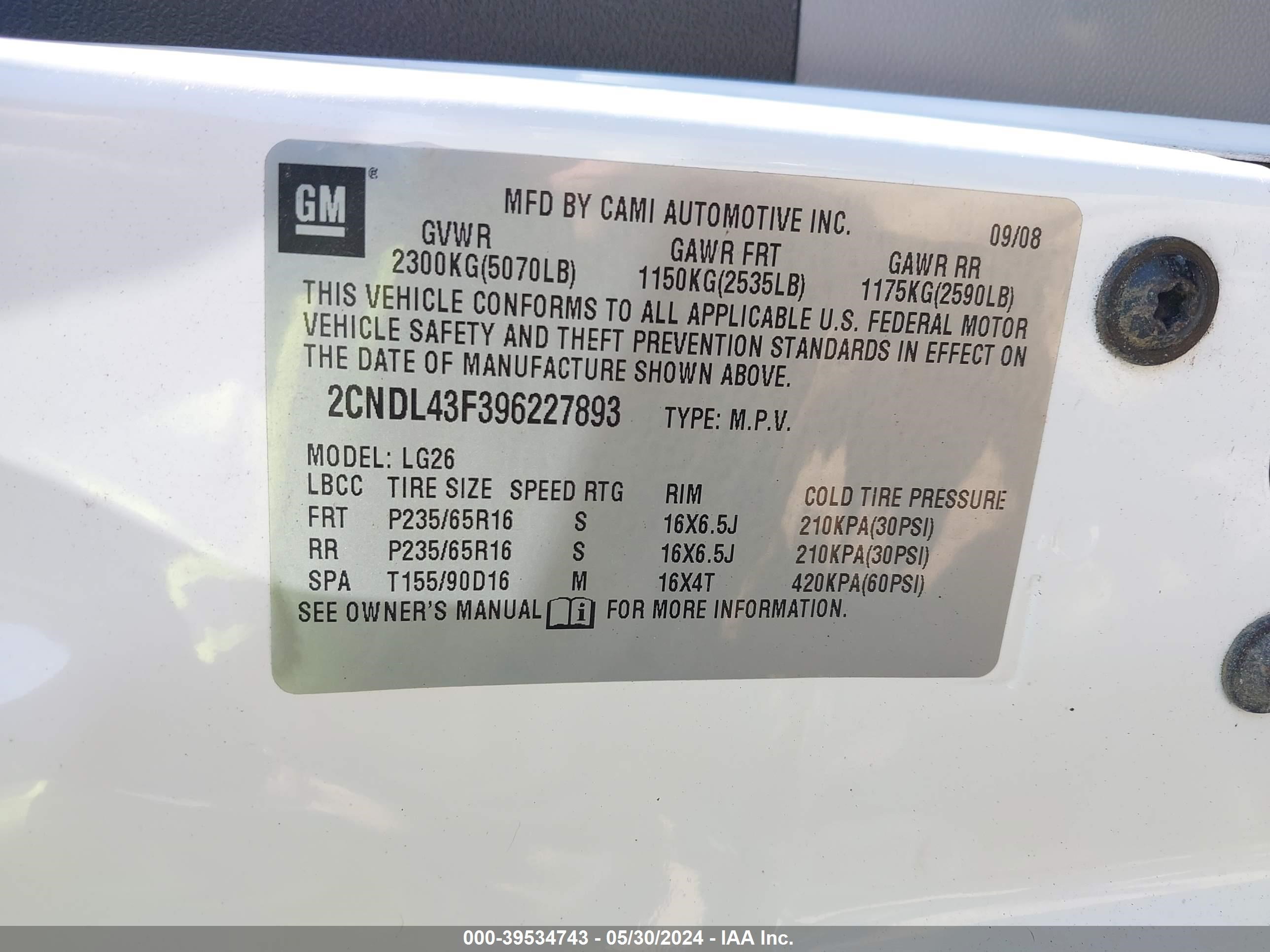 Photo 8 VIN: 2CNDL43F396227893 - CHEVROLET EQUINOX 