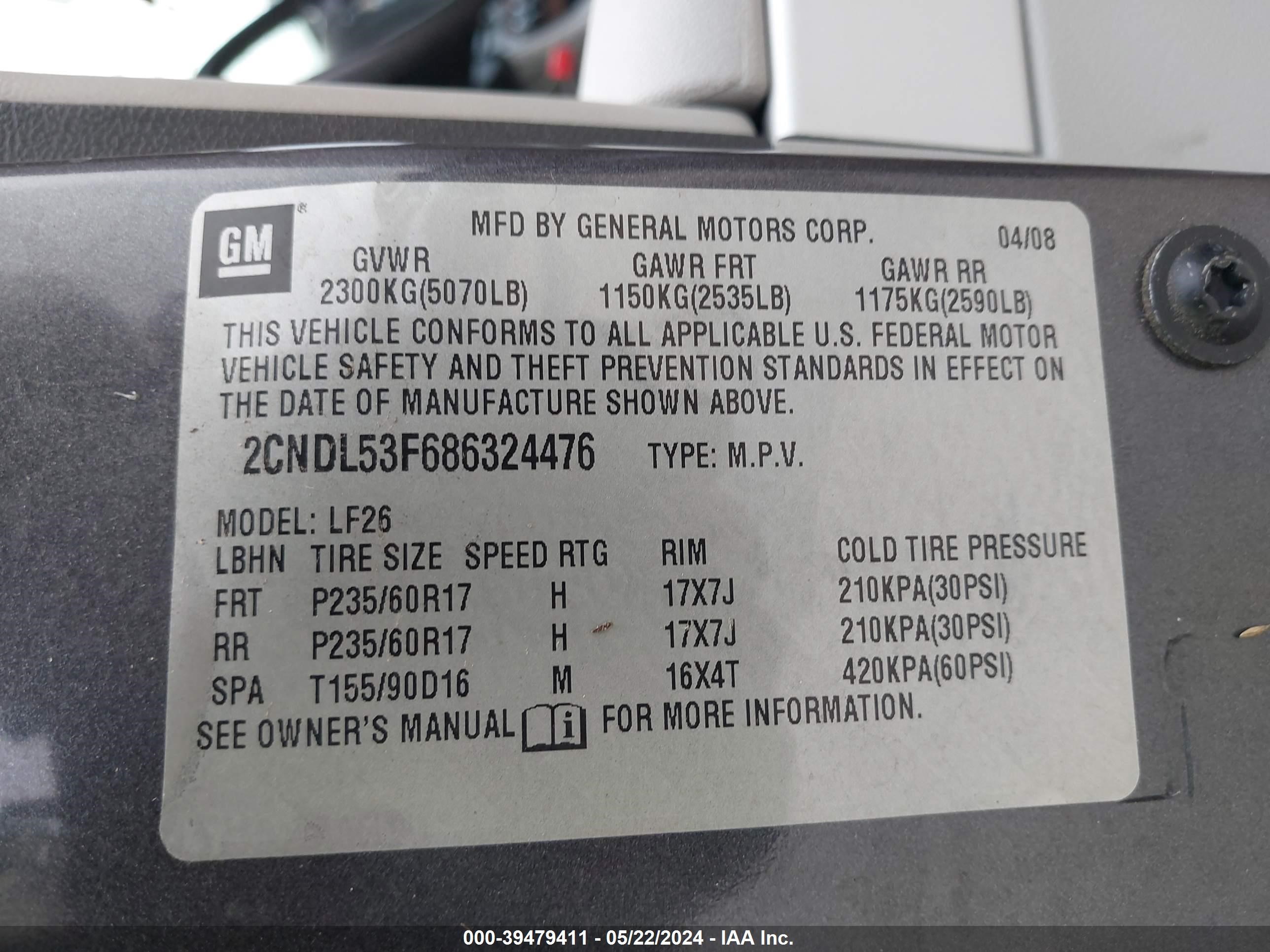 Photo 8 VIN: 2CNDL53F686324476 - CHEVROLET EQUINOX 