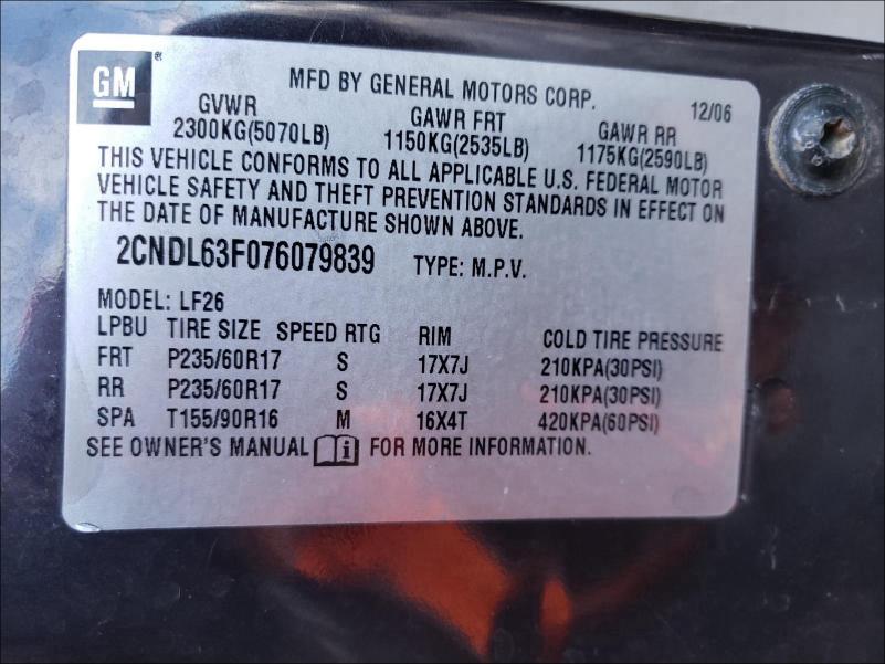 Photo 9 VIN: 2CNDL63F076079839 - CHEVROLET EQUINOX LT 