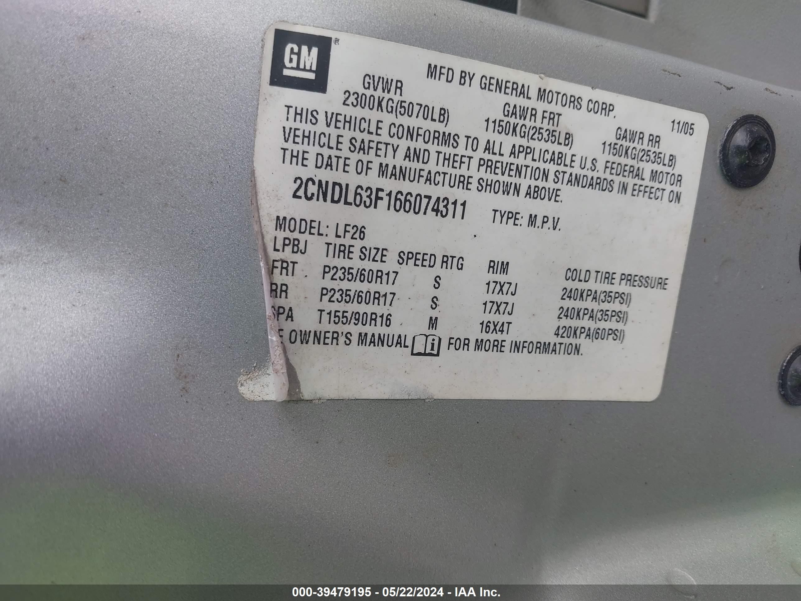 Photo 8 VIN: 2CNDL63F166074311 - CHEVROLET EQUINOX 