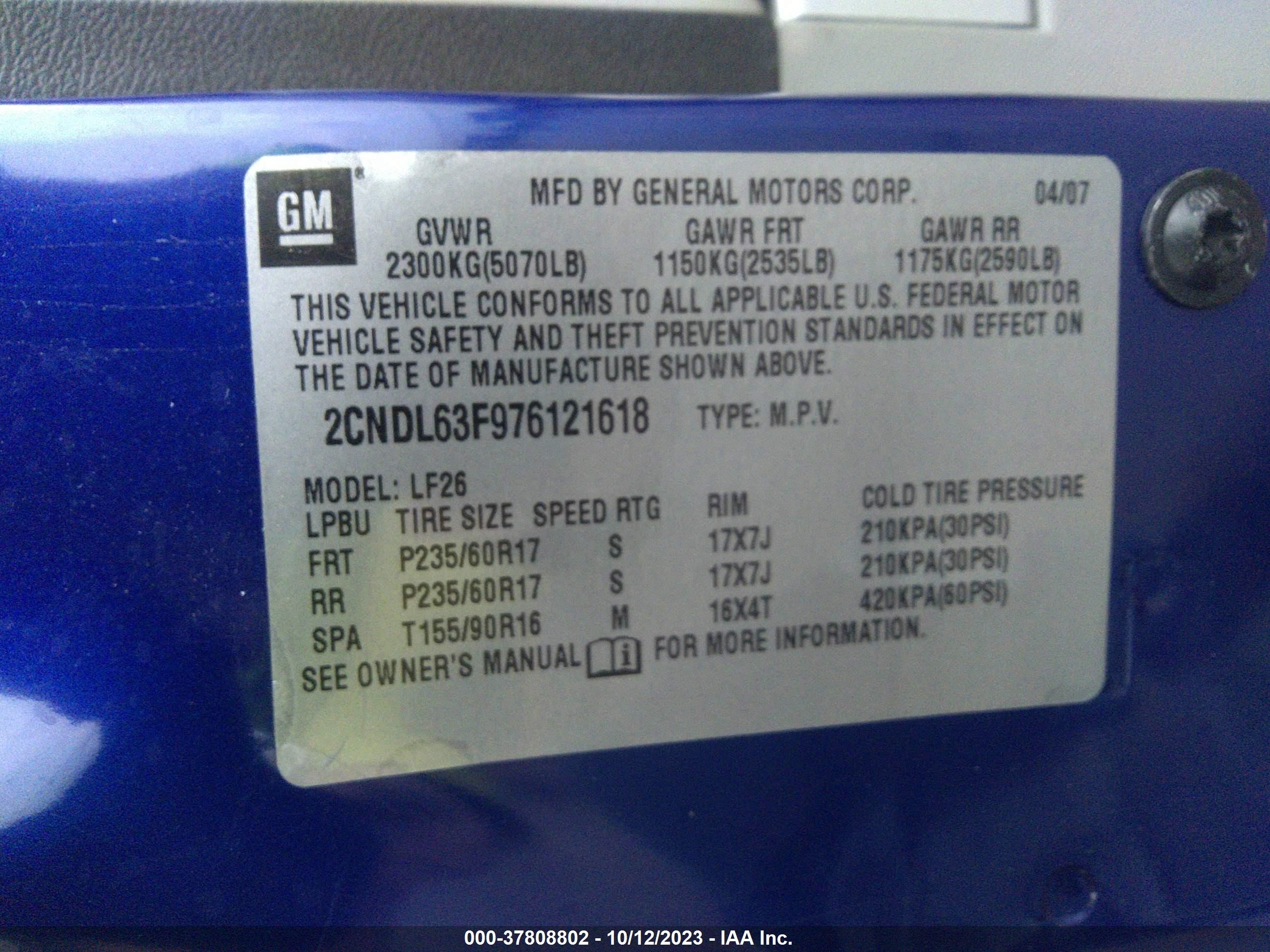 Photo 8 VIN: 2CNDL63F976121618 - CHEVROLET EQUINOX 