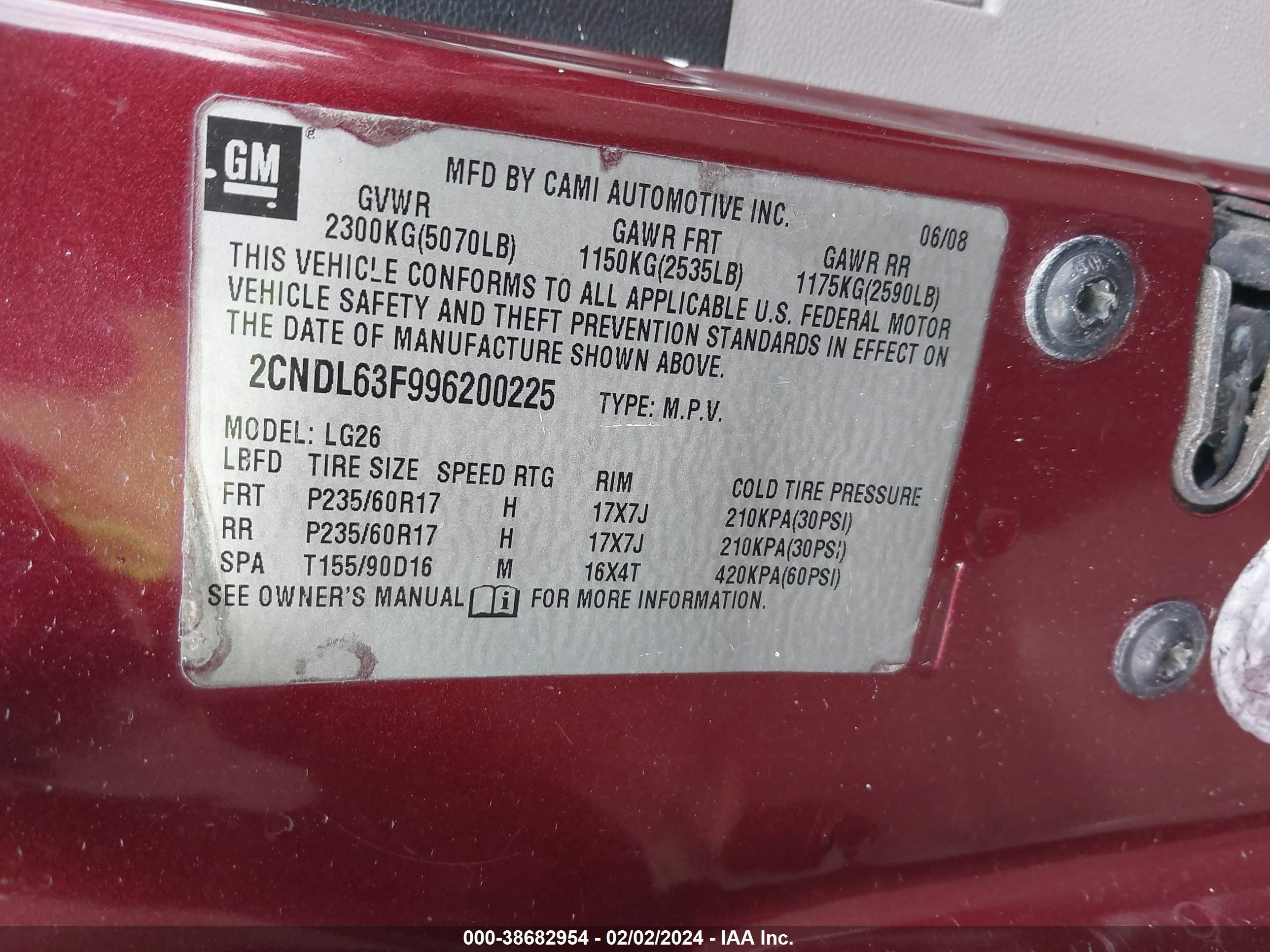 Photo 8 VIN: 2CNDL63F996200225 - CHEVROLET EQUINOX 