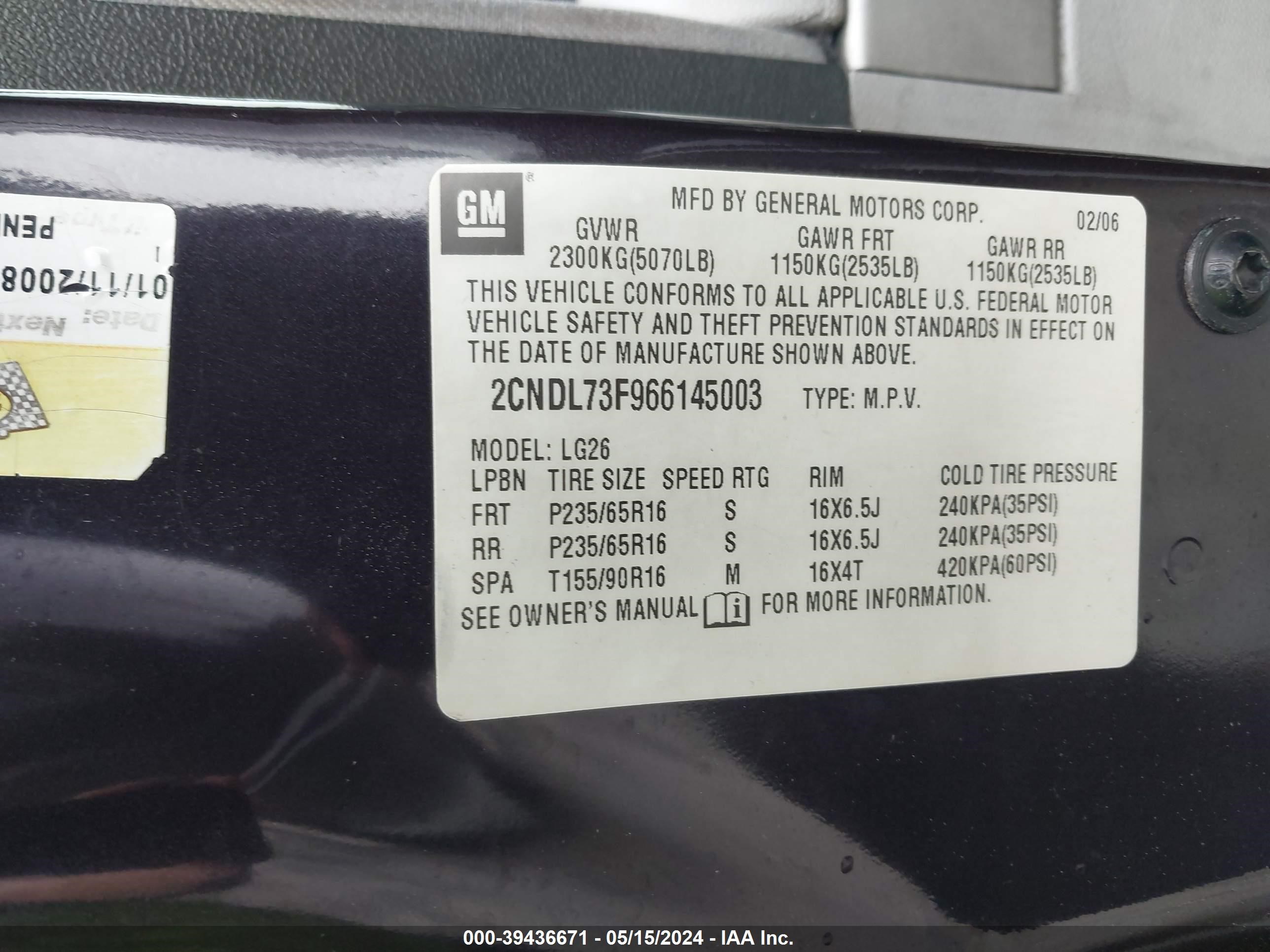 Photo 8 VIN: 2CNDL73F966145003 - CHEVROLET EQUINOX 