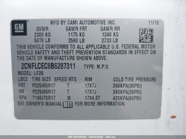 Photo 8 VIN: 2CNFLCEC8B6287311 - CHEVROLET EQUINOX 