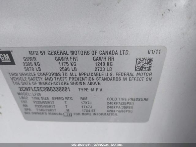 Photo 8 VIN: 2CNFLCEC8B6338001 - CHEVROLET EQUINOX 