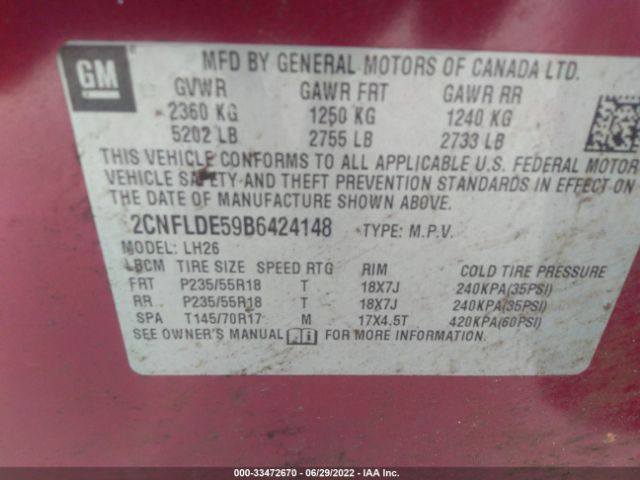 Photo 8 VIN: 2CNFLDE59B6424148 - CHEVROLET EQUINOX 