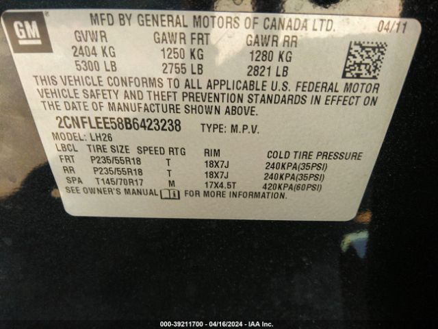 Photo 8 VIN: 2CNFLEE58B6423238 - CHEVROLET EQUINOX 