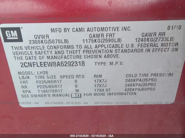 Photo 8 VIN: 2CNFLEEW8A6292318 - CHEVROLET EQUINOX 