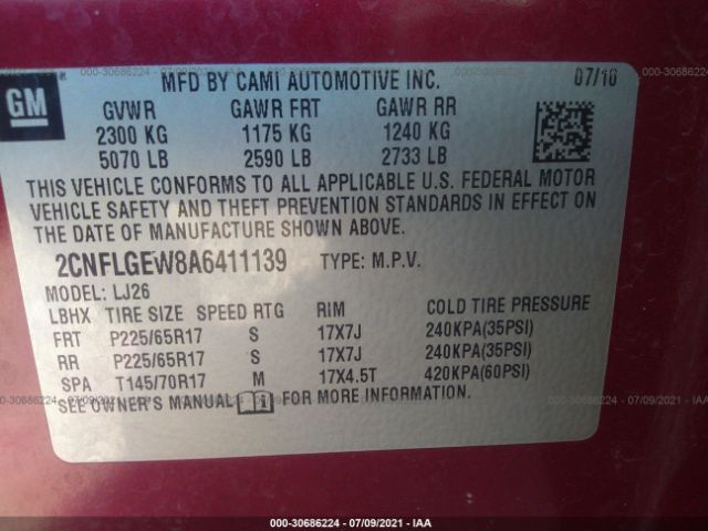 Photo 8 VIN: 2CNFLGEW8A6411139 - CHEVROLET EQUINOX 