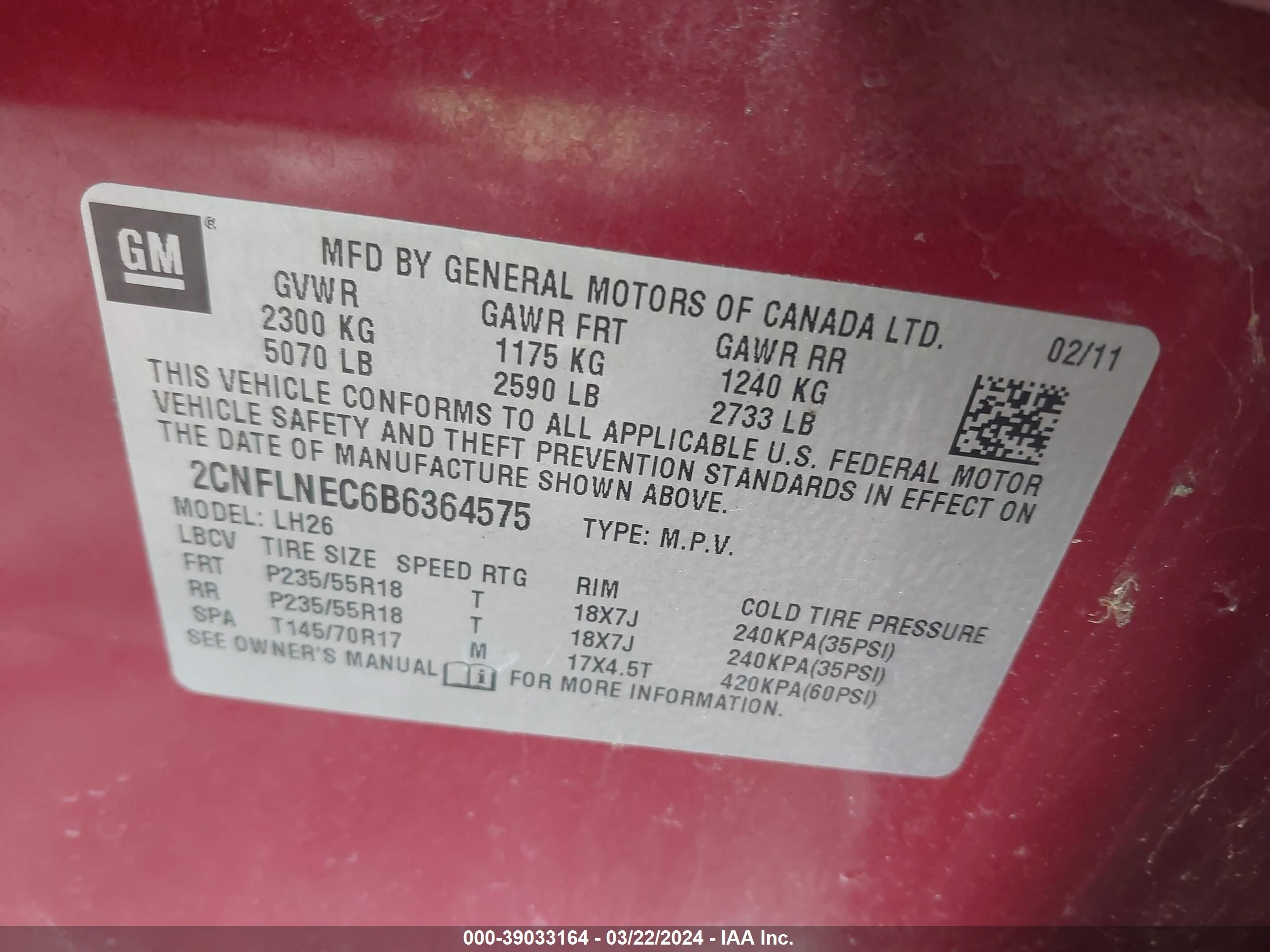 Photo 8 VIN: 2CNFLNEC6B6364575 - CHEVROLET EQUINOX 