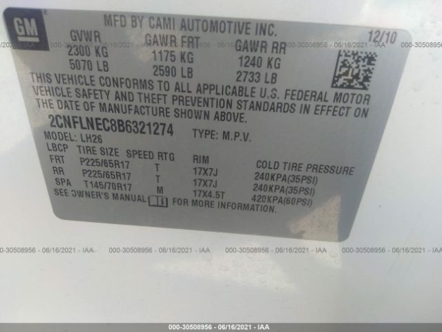 Photo 8 VIN: 2CNFLNEC8B6321274 - CHEVROLET EQUINOX 