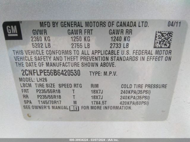 Photo 8 VIN: 2CNFLPE56B6420530 - CHEVROLET EQUINOX 