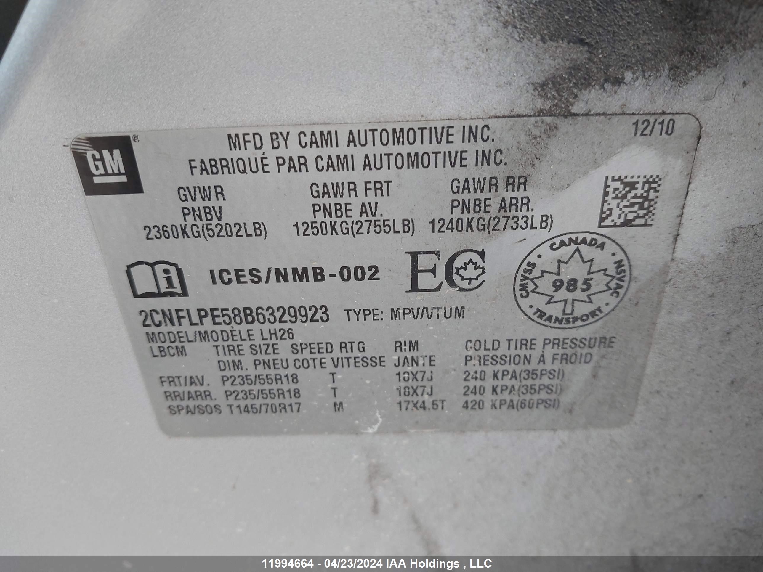 Photo 8 VIN: 2CNFLPE58B6329923 - CHEVROLET EQUINOX 