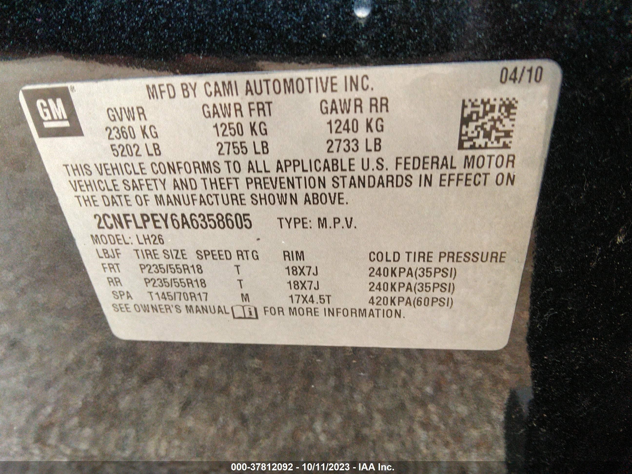 Photo 8 VIN: 2CNFLPEY6A6358605 - CHEVROLET EQUINOX 