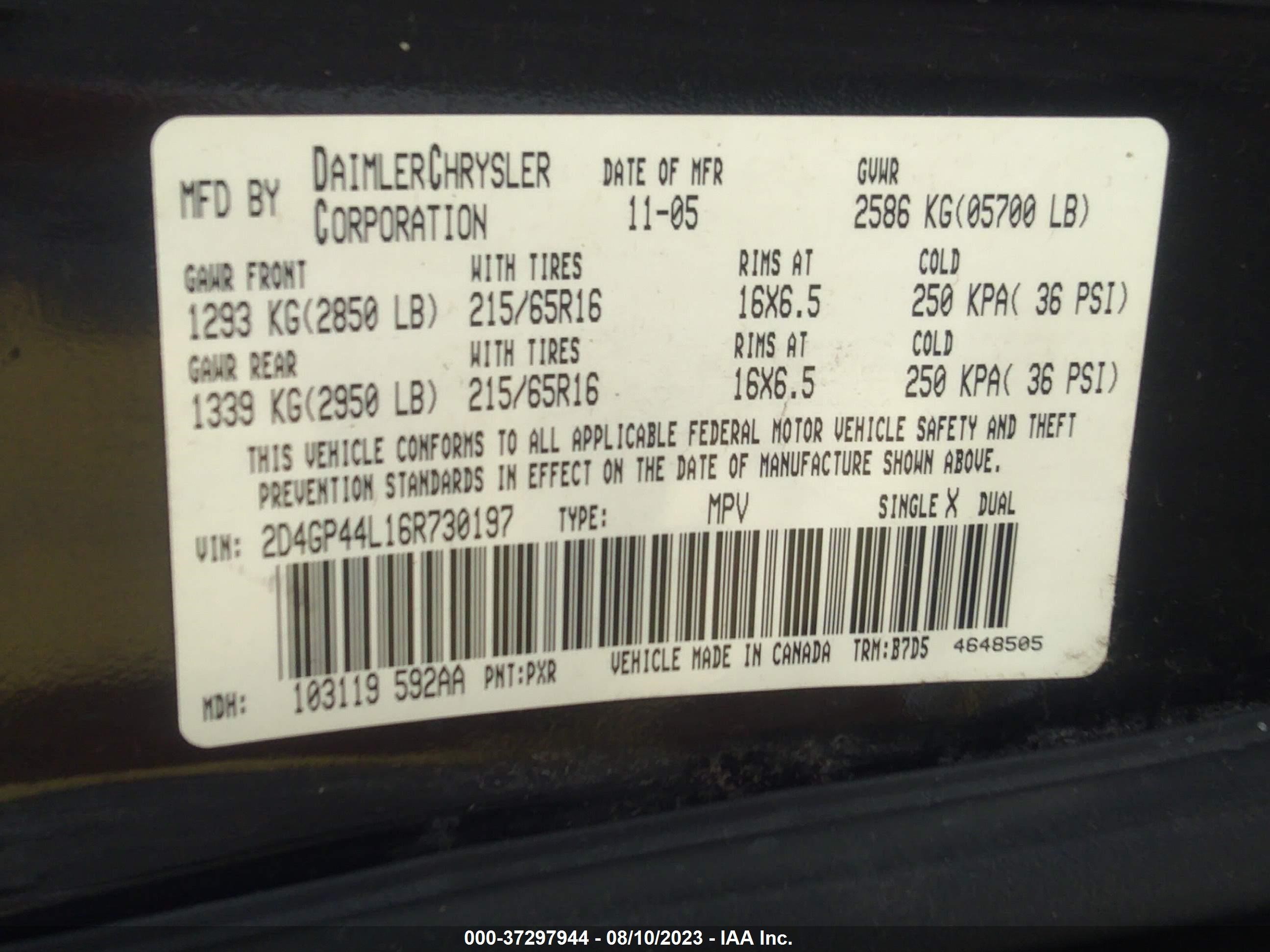 Photo 8 VIN: 2D4GP44L16R730197 - DODGE CARAVAN 