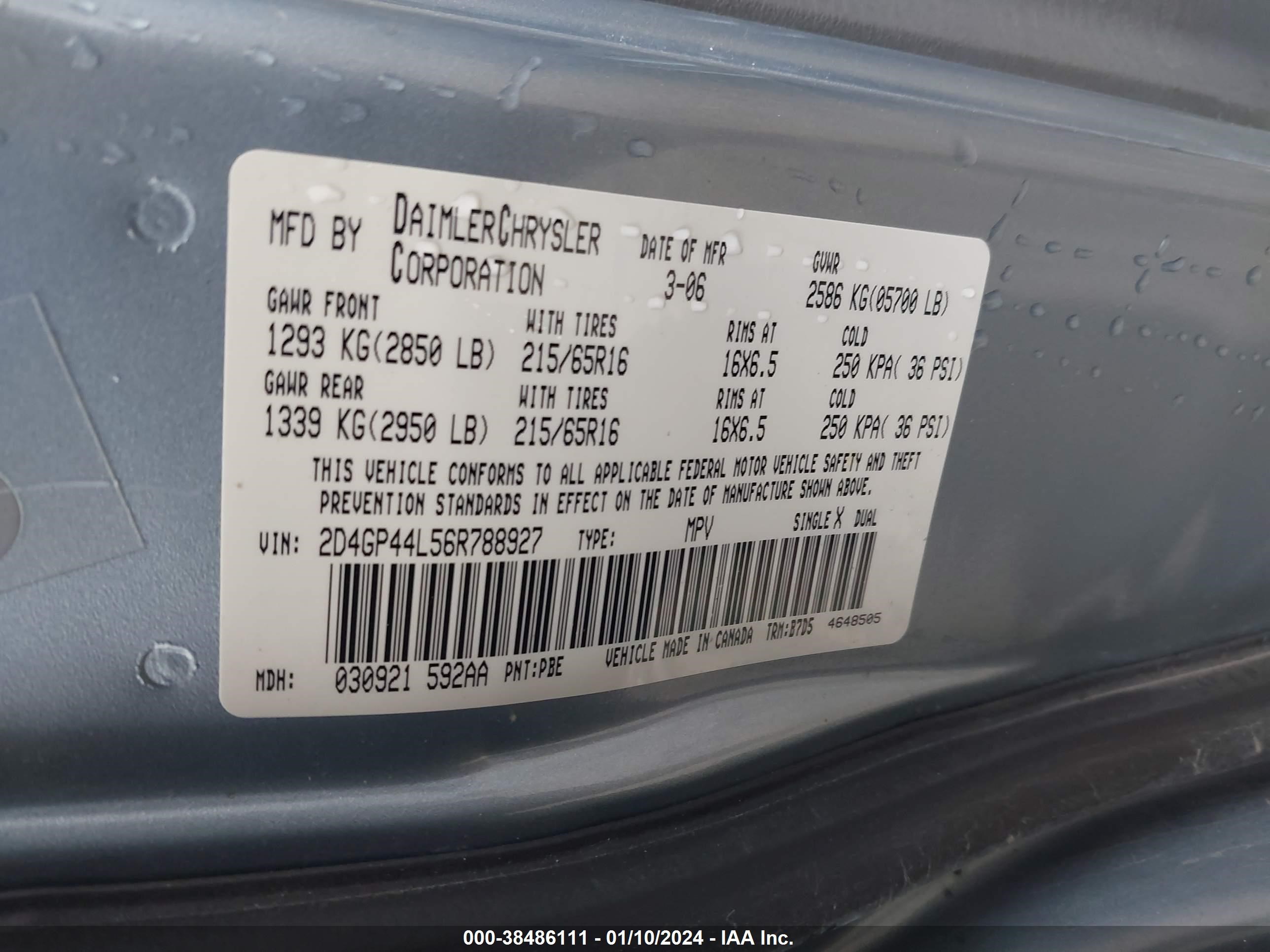 Photo 8 VIN: 2D4GP44L56R788927 - DODGE CARAVAN 