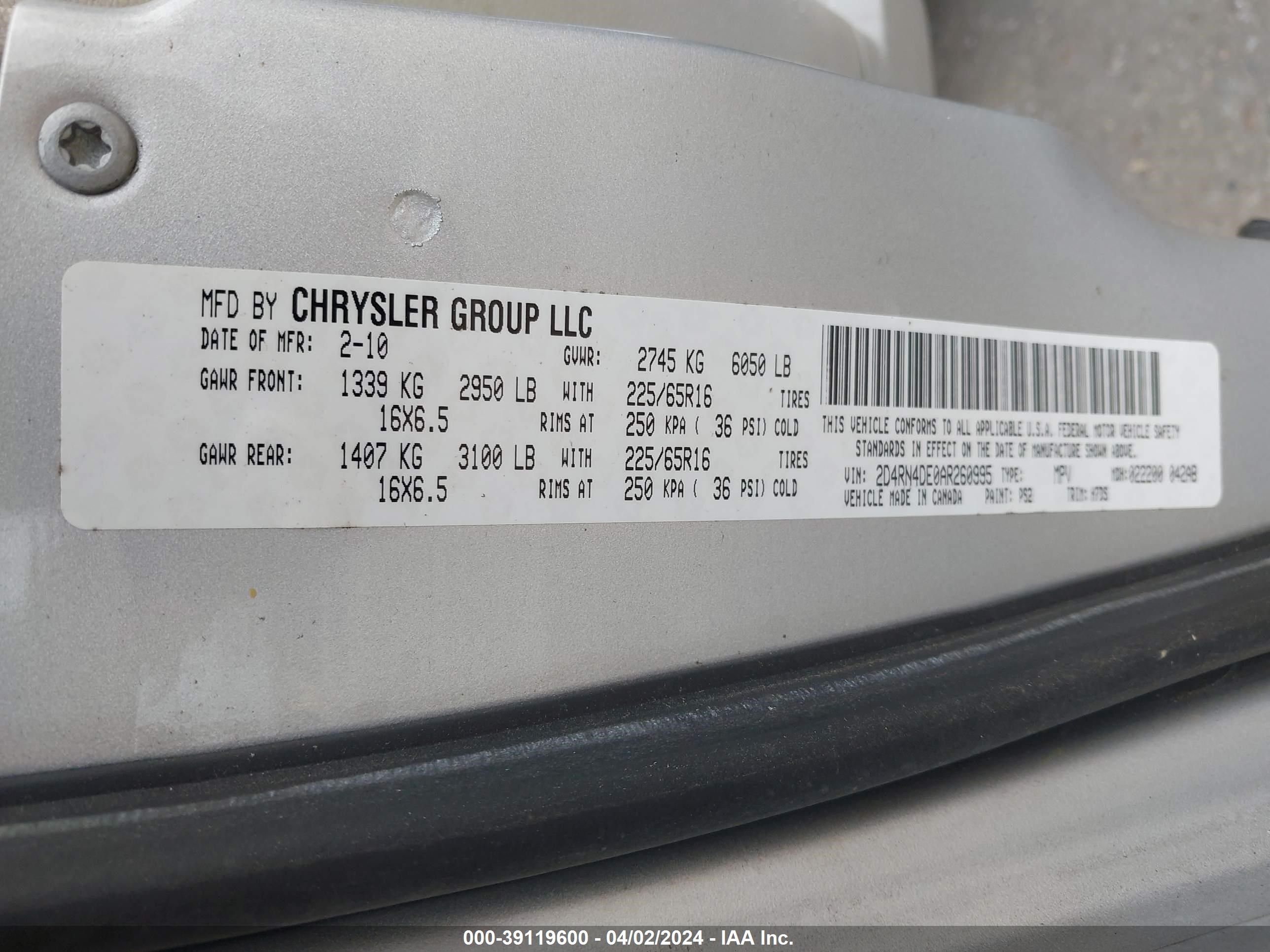 Photo 8 VIN: 2D4RN4DE0AR260995 - DODGE CARAVAN 