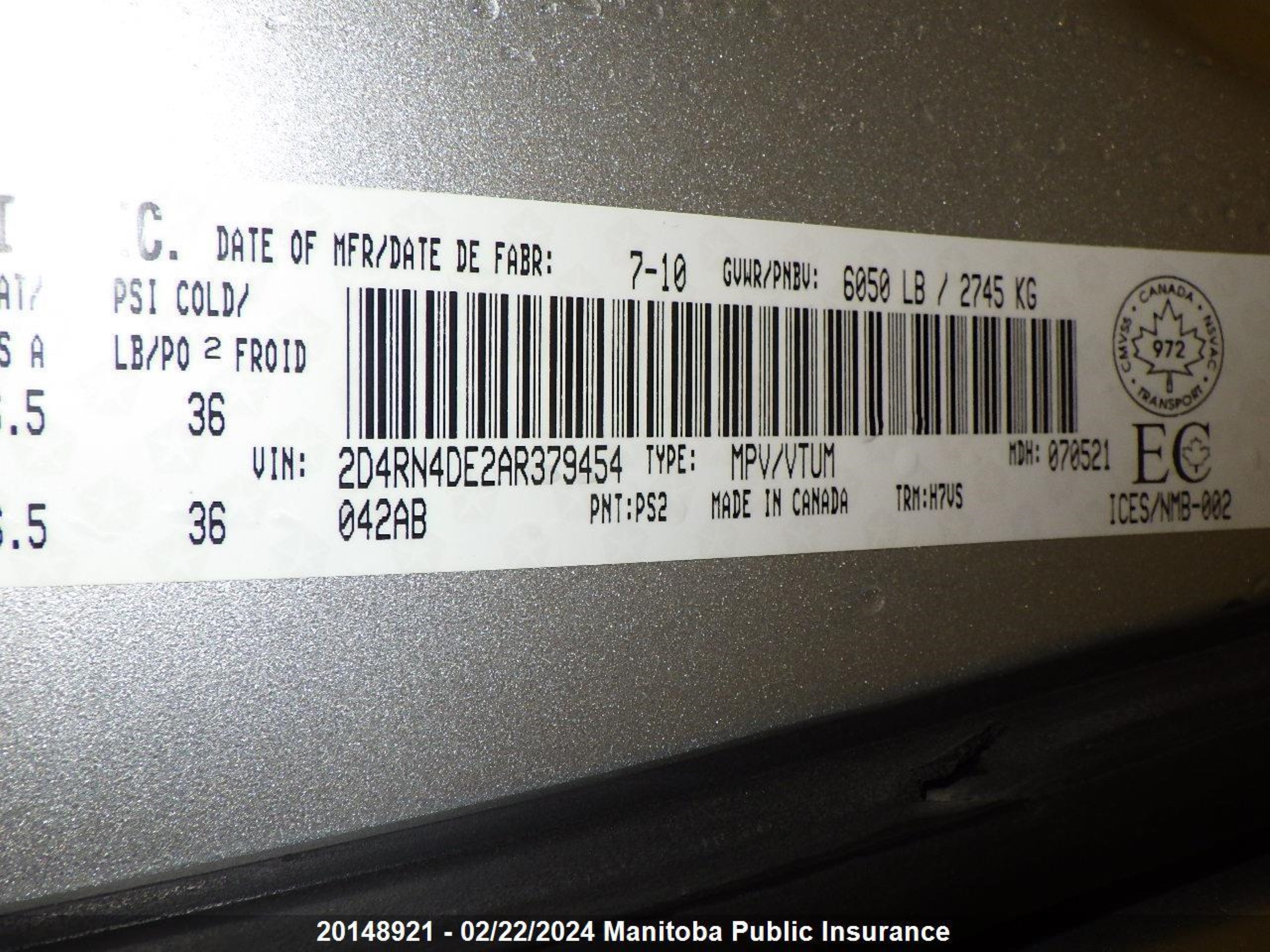 Photo 5 VIN: 2D4RN4DE2AR379454 - DODGE CARAVAN 