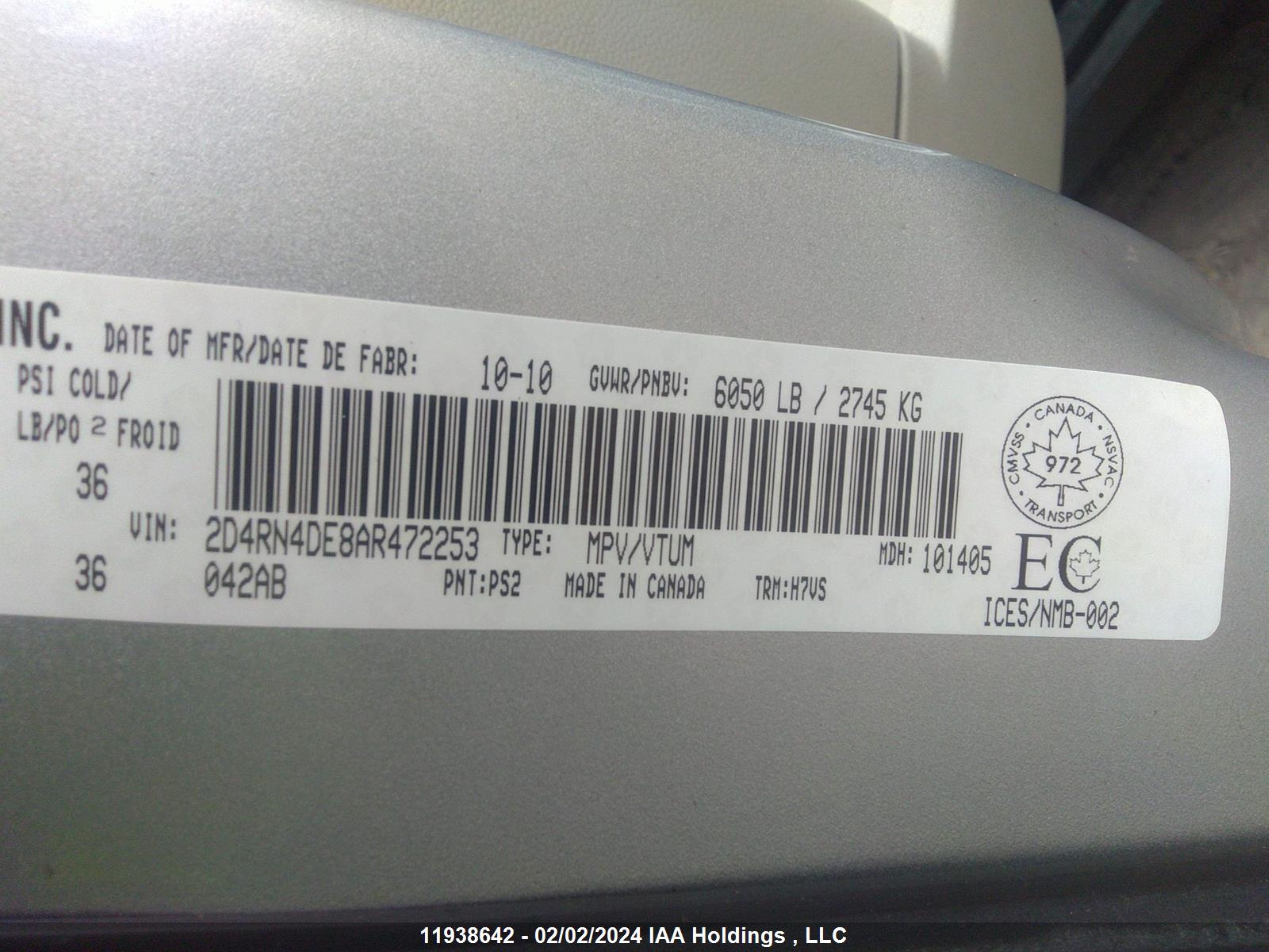 Photo 8 VIN: 2D4RN4DE8AR472253 - DODGE CARAVAN 