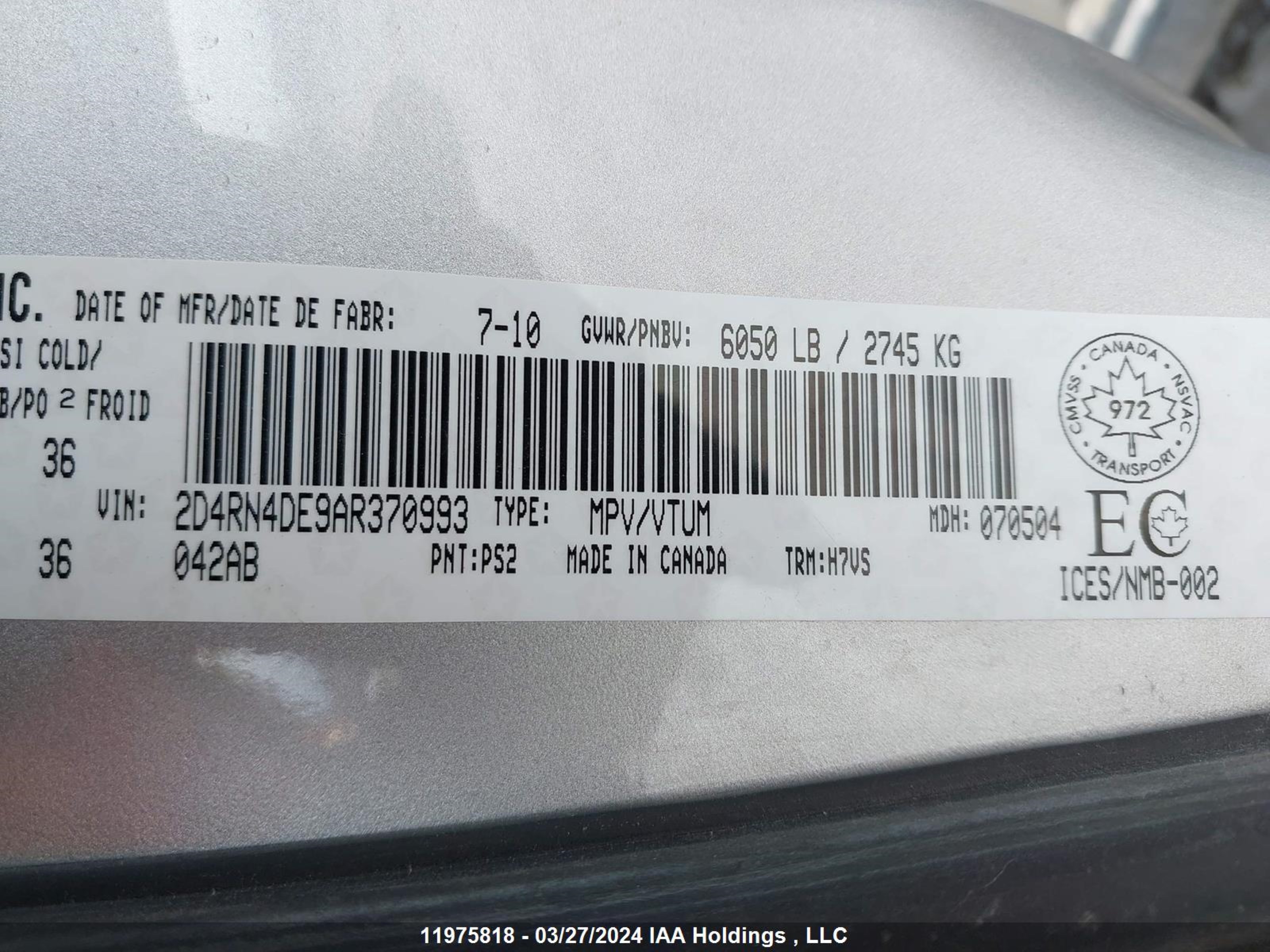 Photo 8 VIN: 2D4RN4DE9AR370993 - DODGE CARAVAN 