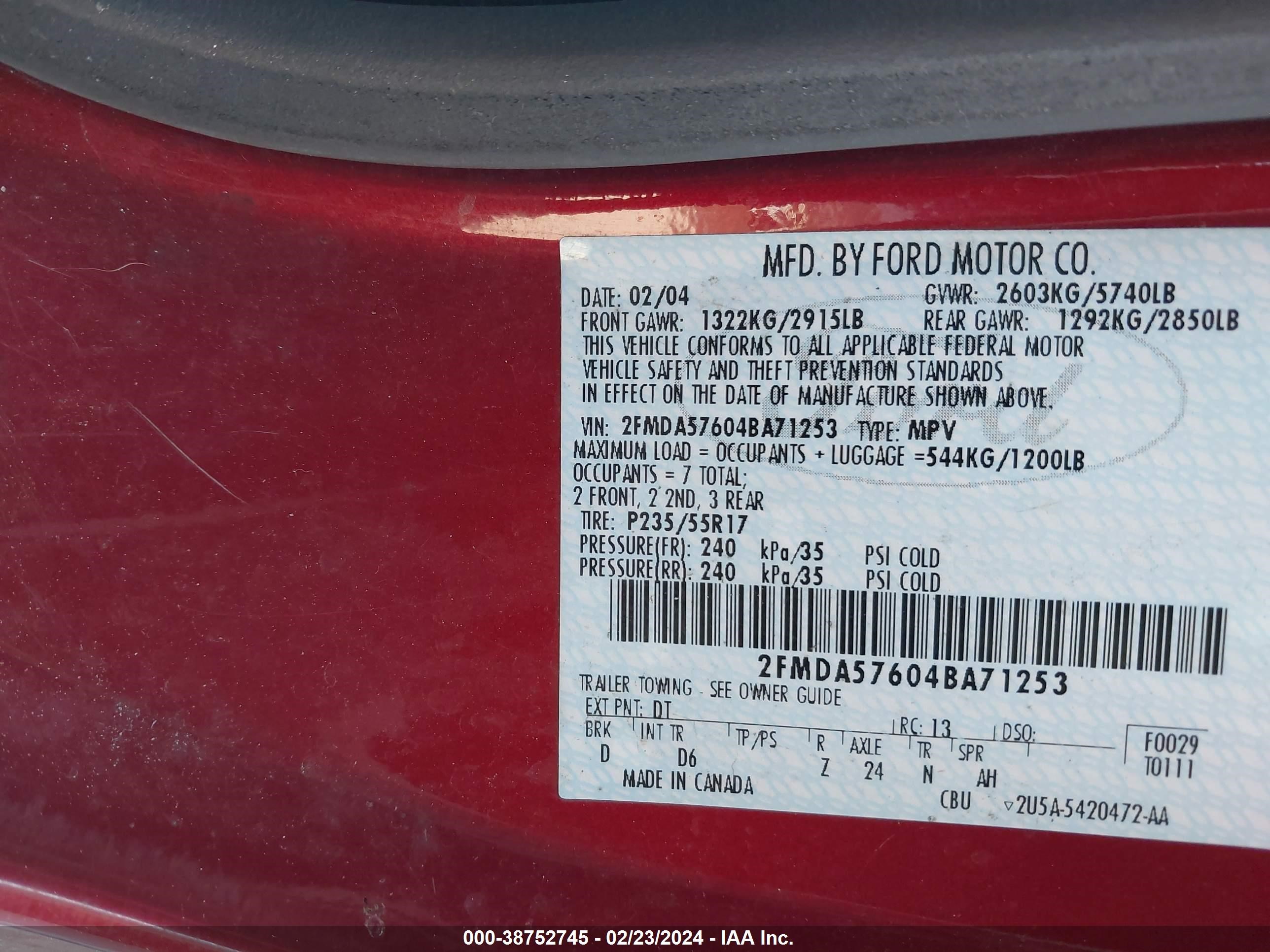 Photo 8 VIN: 2FMDA57604BA71253 - FORD FREESTAR 