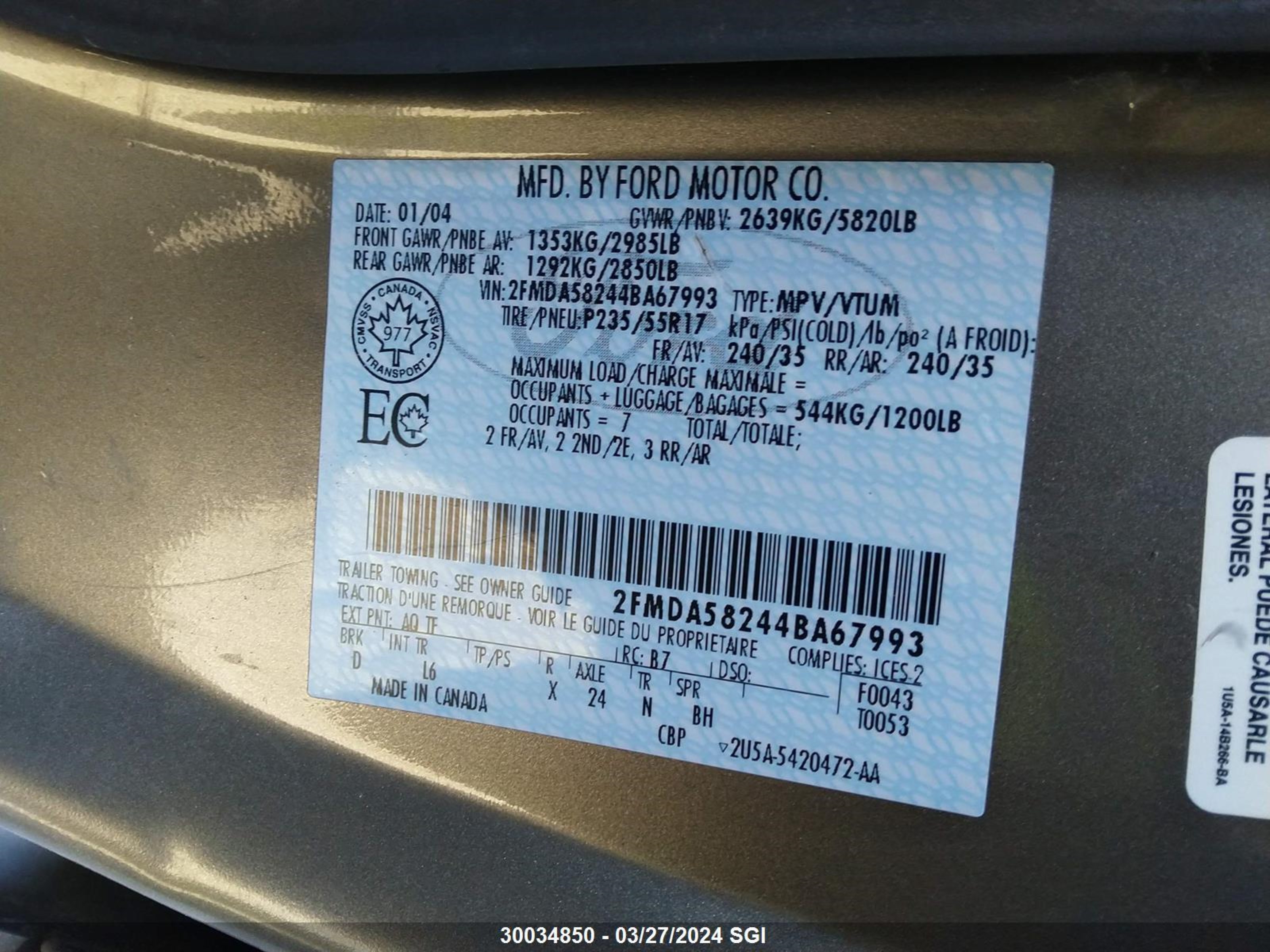 Photo 8 VIN: 2FMDA58244BA67993 - FORD FREESTAR 