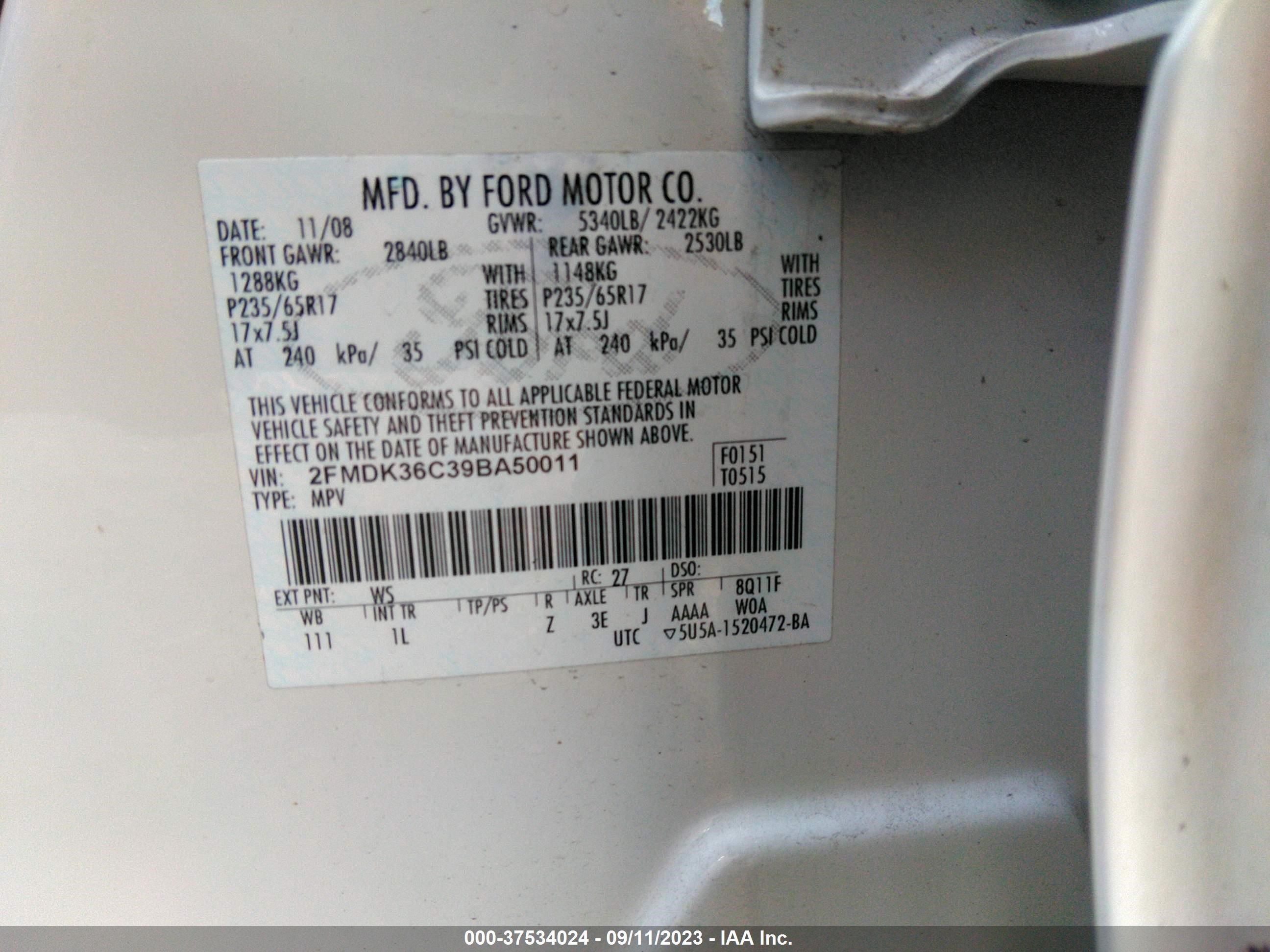 Photo 8 VIN: 2FMDK36C39BA50011 - FORD EDGE 