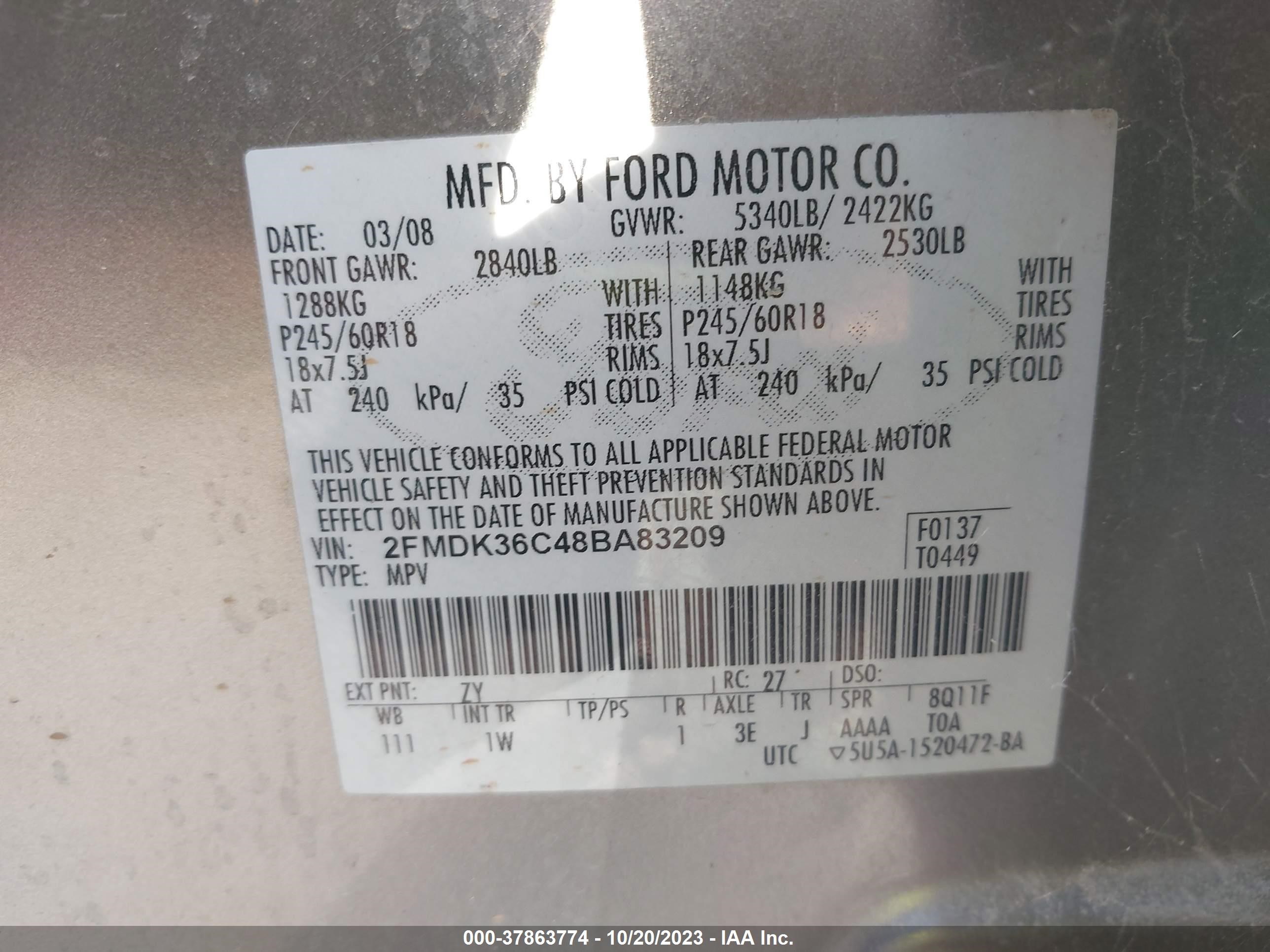 Photo 8 VIN: 2FMDK36C48BA83209 - FORD EDGE 