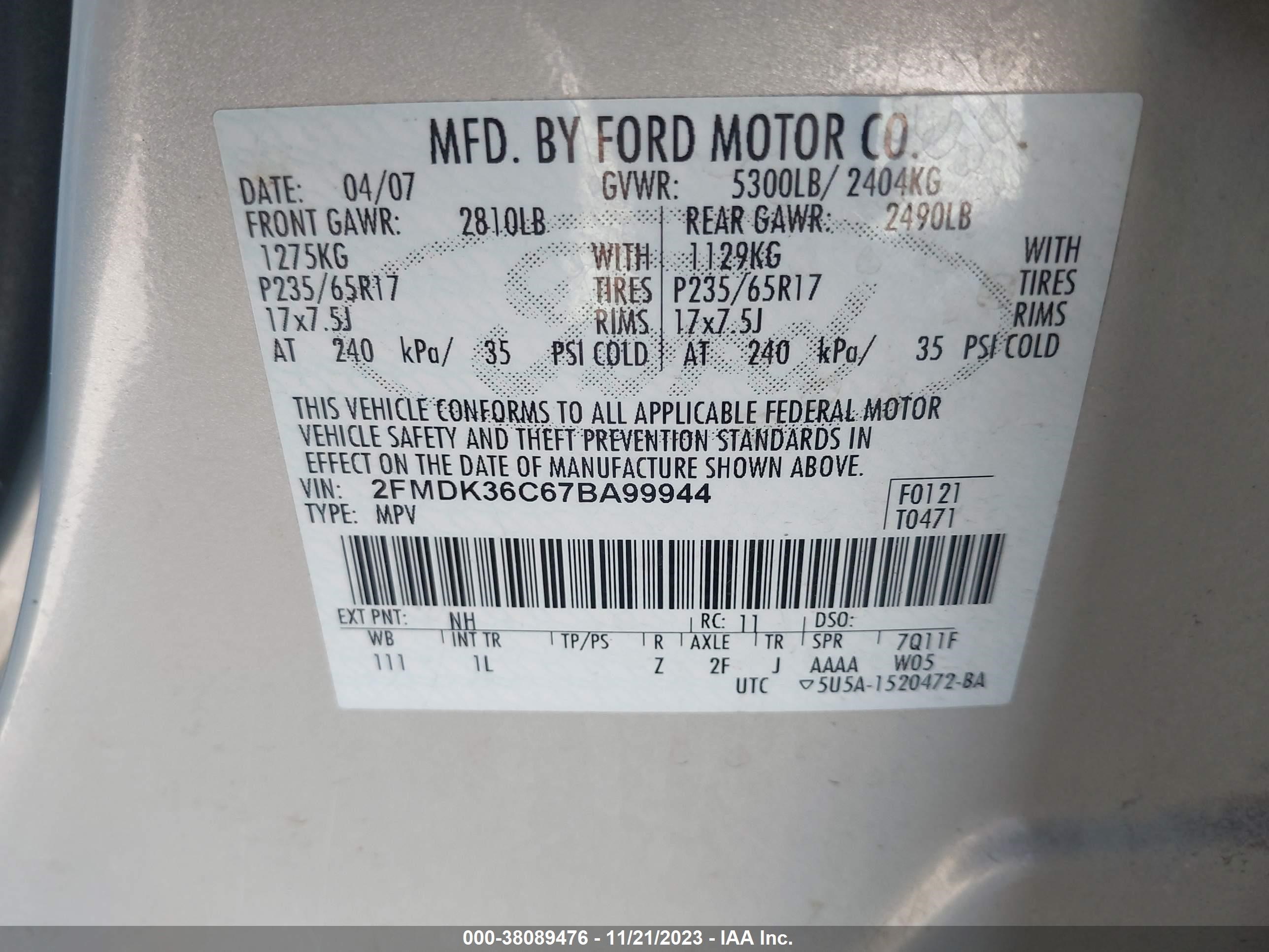 Photo 8 VIN: 2FMDK36C67BA99944 - FORD EDGE 