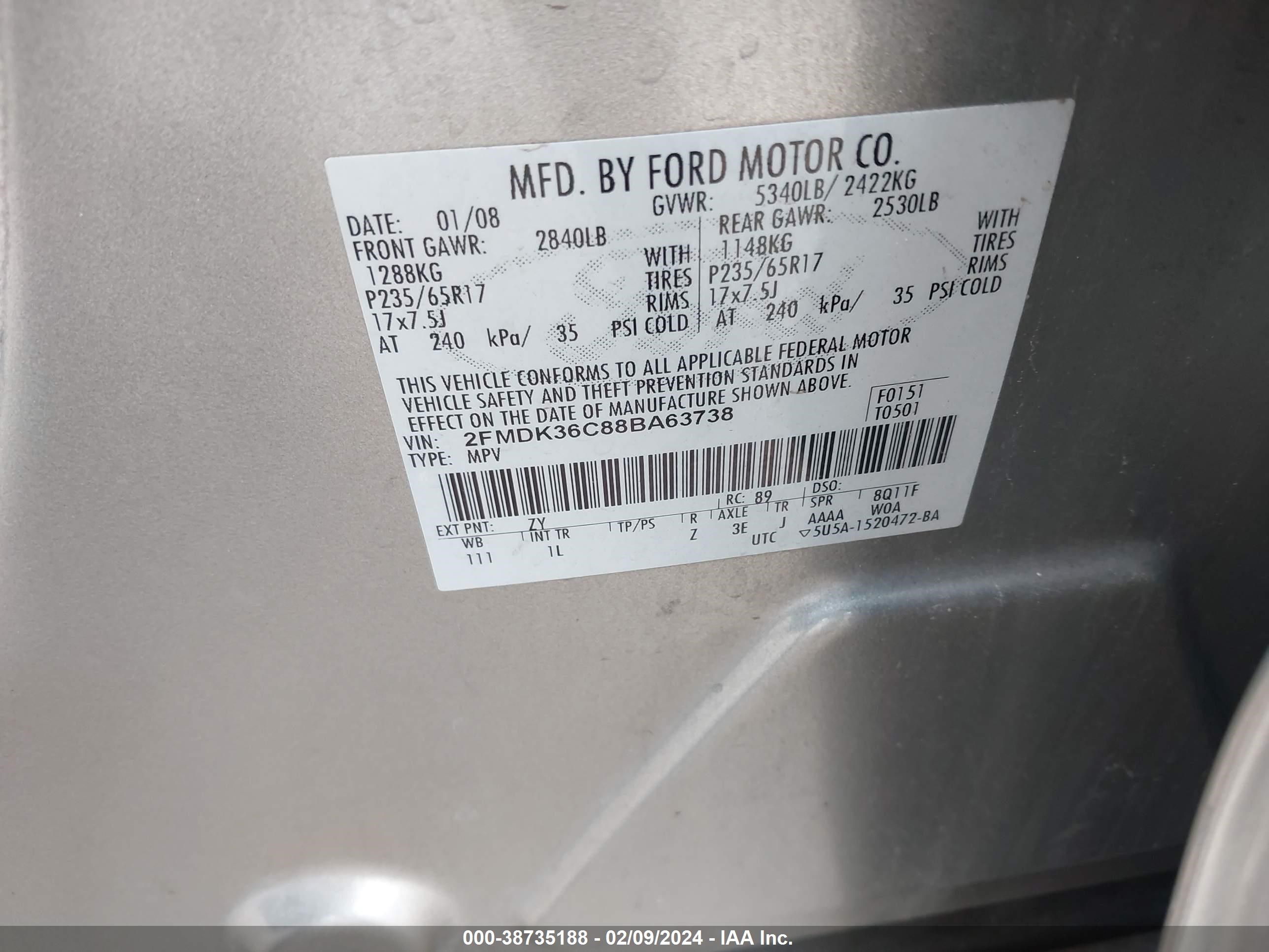 Photo 8 VIN: 2FMDK36C88BA63738 - FORD EDGE 