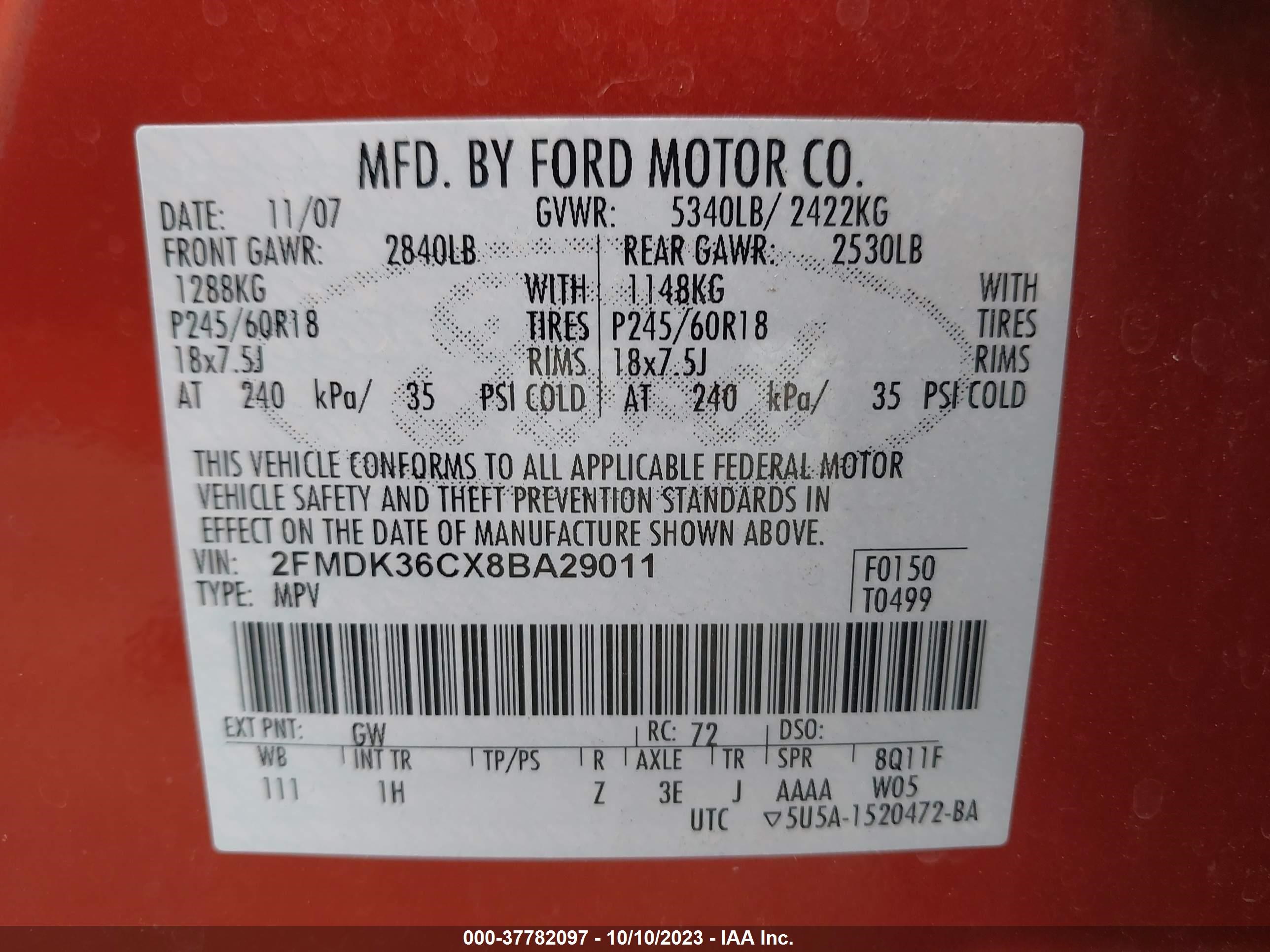 Photo 8 VIN: 2FMDK36CX8BA29011 - FORD EDGE 