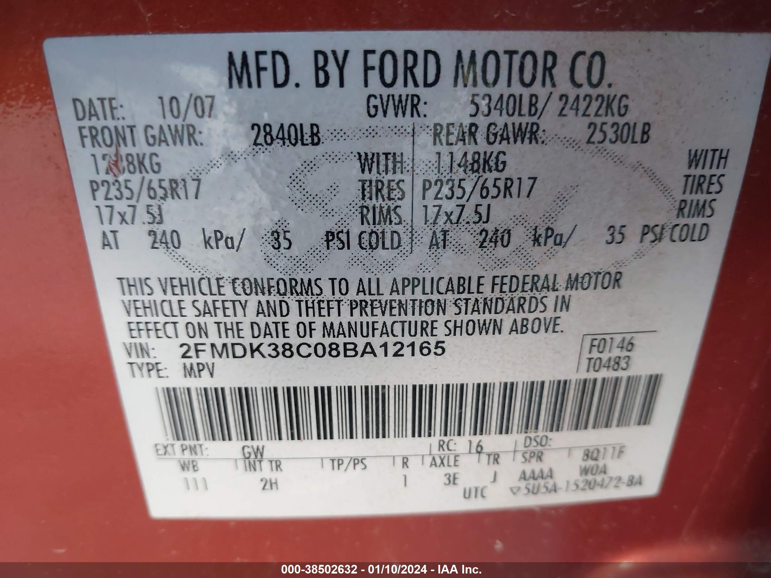 Photo 8 VIN: 2FMDK38C08BA12165 - FORD EDGE 