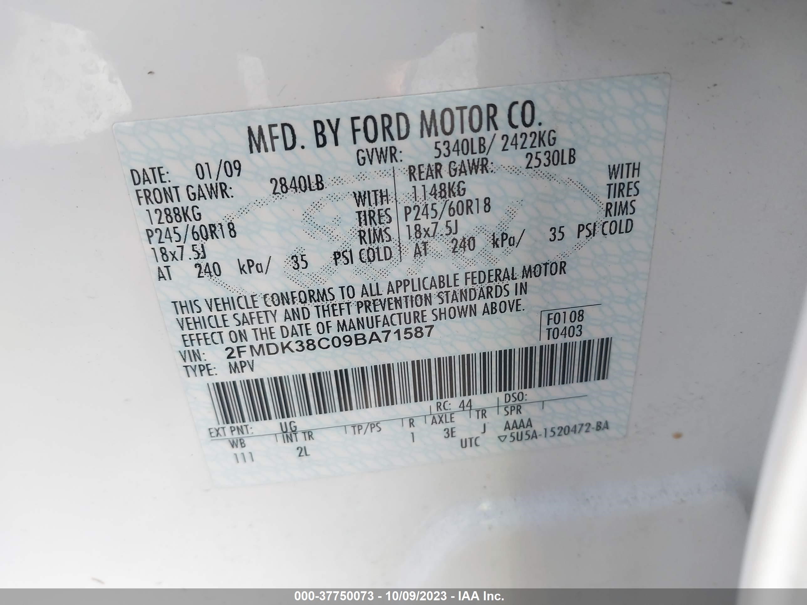 Photo 8 VIN: 2FMDK38C09BA71587 - FORD EDGE 