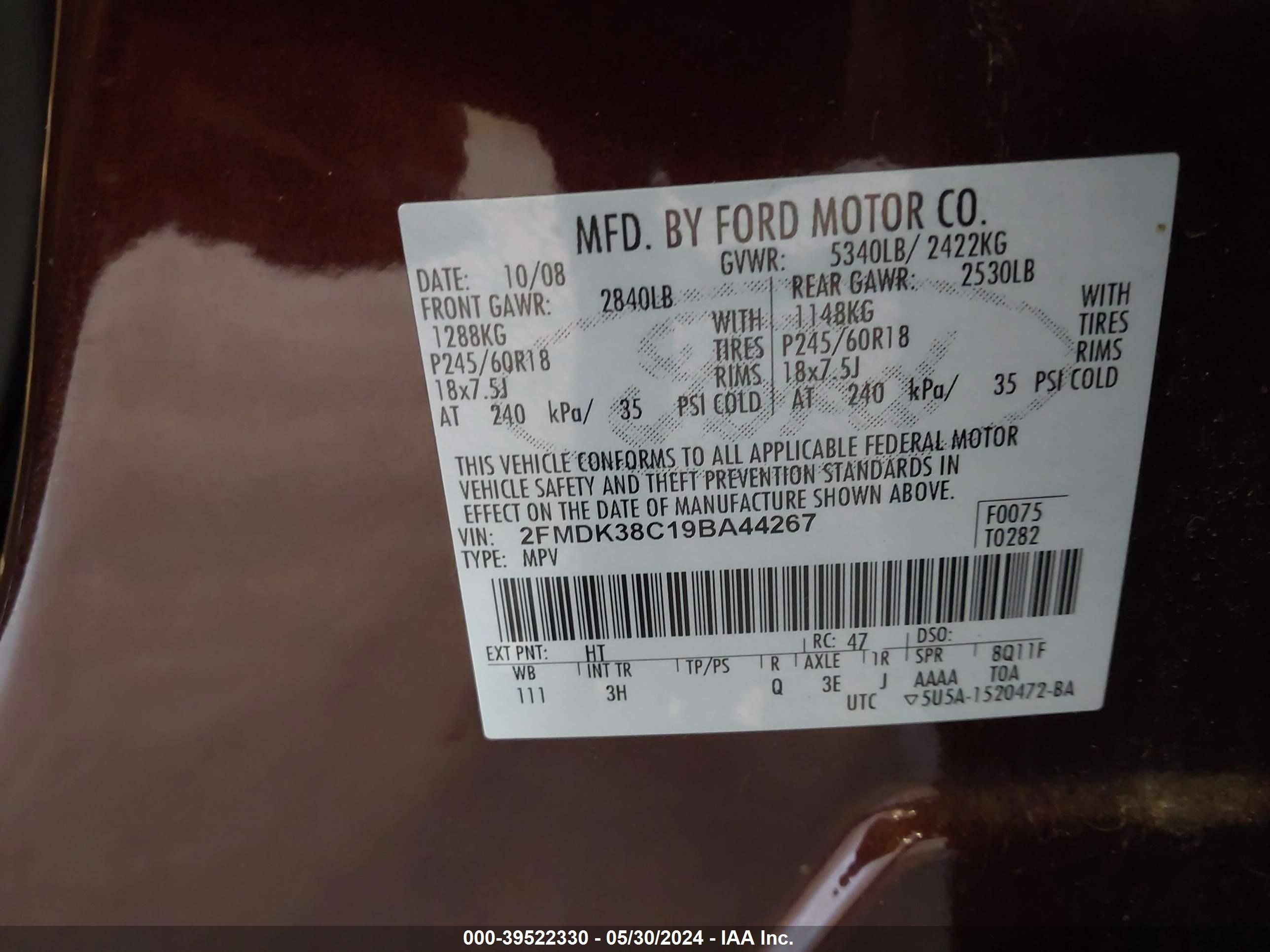 Photo 8 VIN: 2FMDK38C19BA44267 - FORD EDGE 