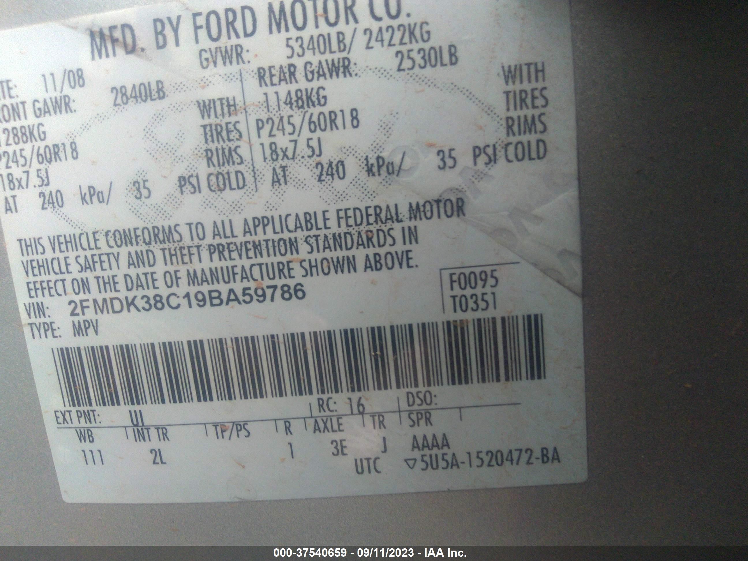 Photo 8 VIN: 2FMDK38C19BA59786 - FORD EDGE 