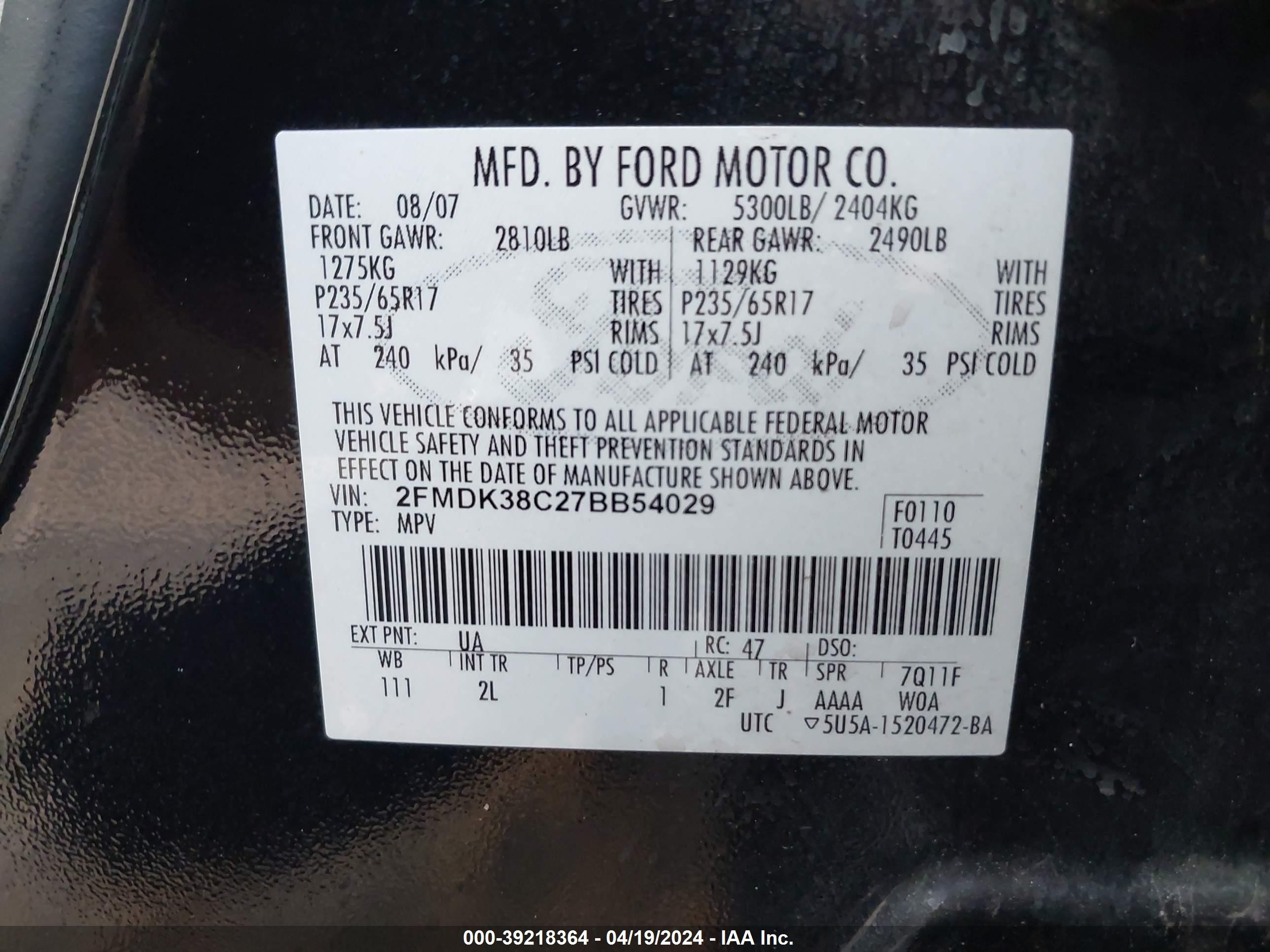 Photo 8 VIN: 2FMDK38C27BB54029 - FORD EDGE 