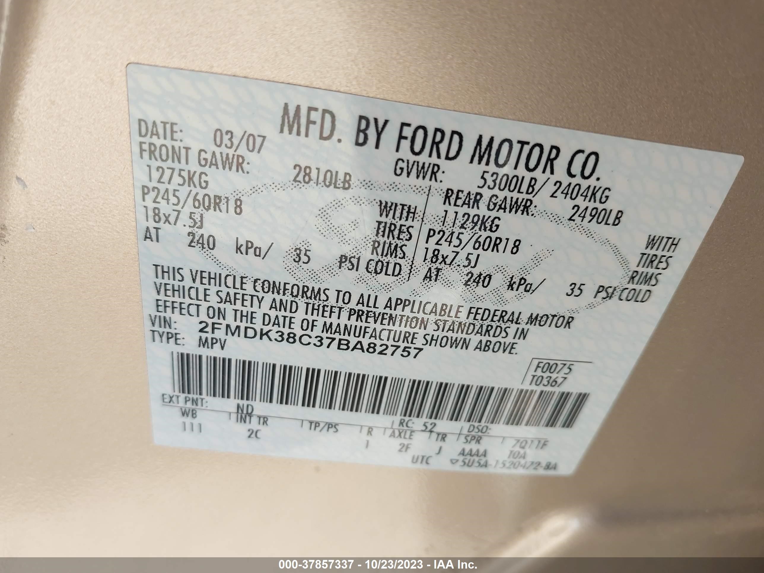 Photo 8 VIN: 2FMDK38C37BA82757 - FORD EDGE 