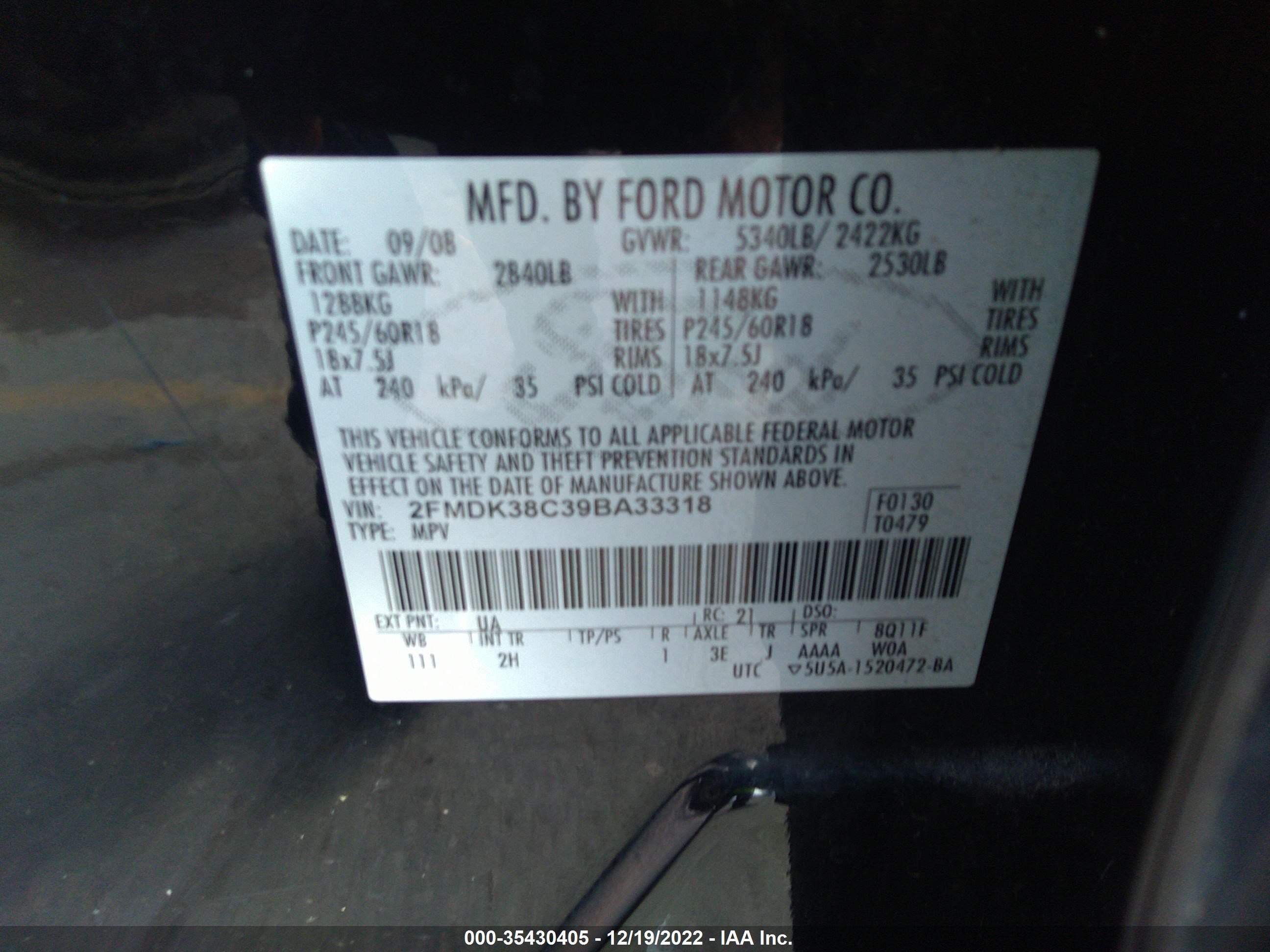 Photo 8 VIN: 2FMDK38C39BA33318 - FORD EDGE 