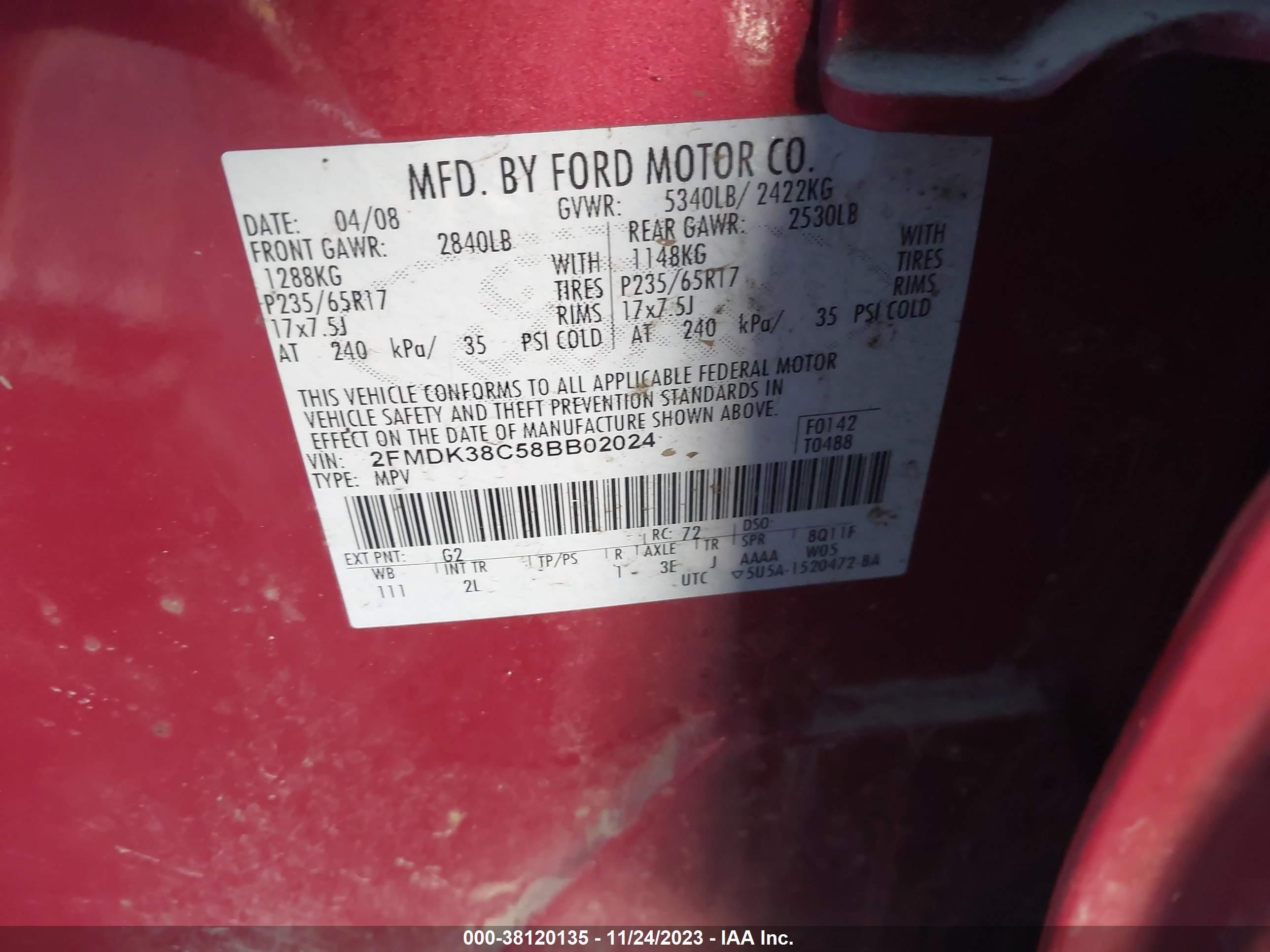 Photo 8 VIN: 2FMDK38C58BB02024 - FORD EDGE 