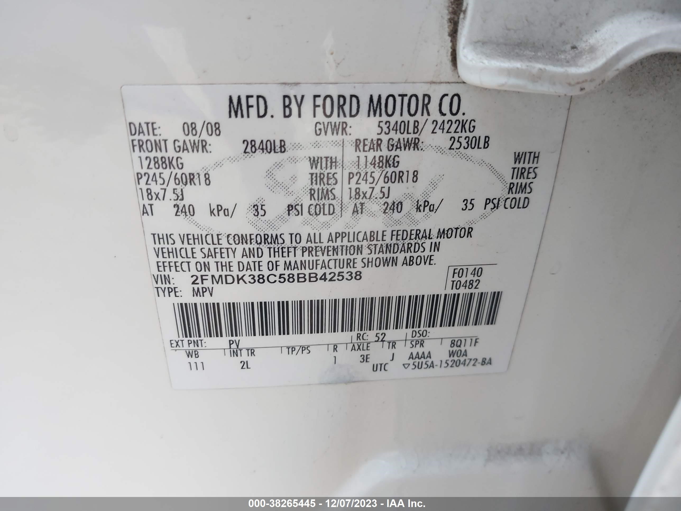 Photo 8 VIN: 2FMDK38C58BB42538 - FORD EDGE 